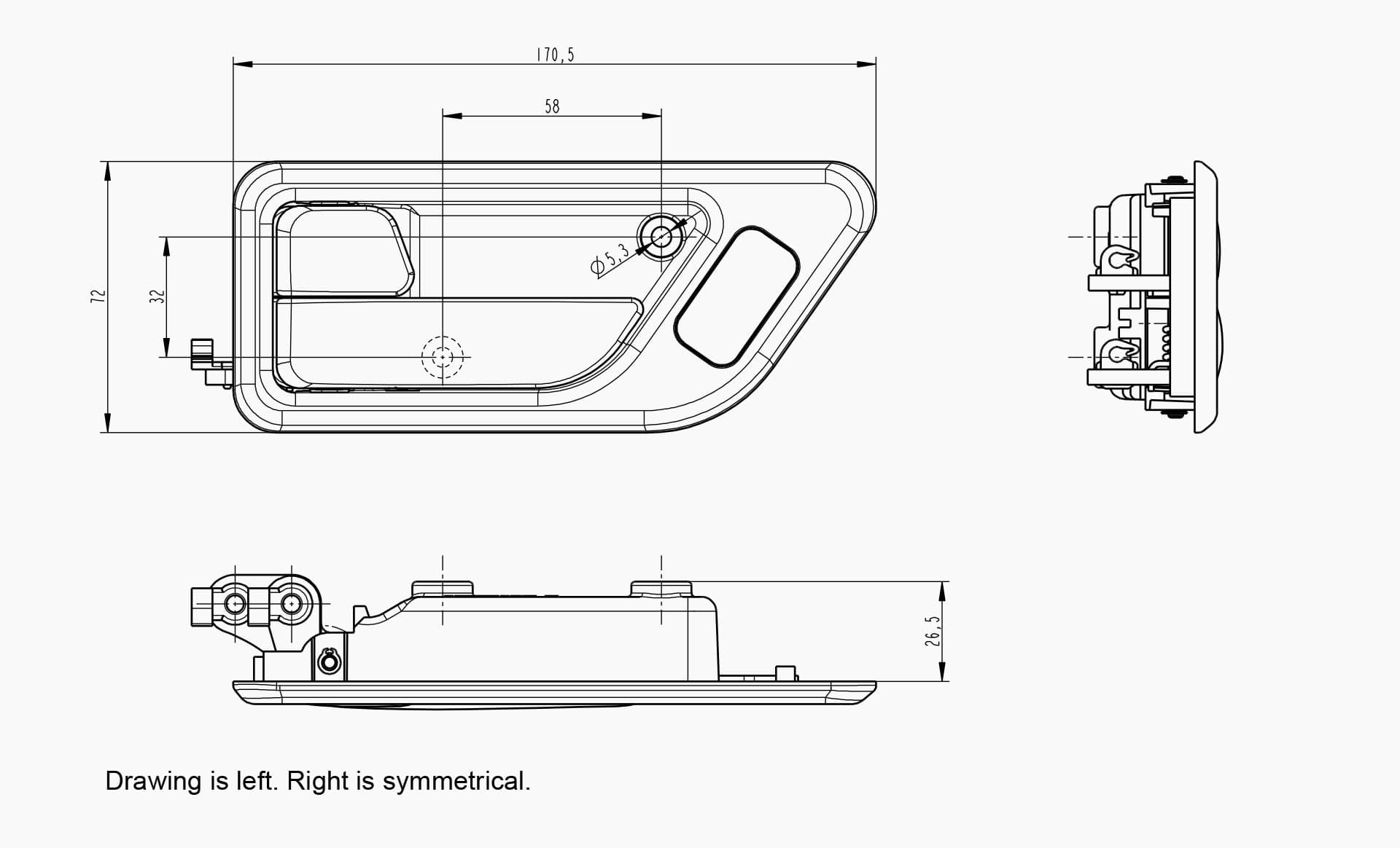 Technical drawing of the Makersan MO 037 interior door handle.