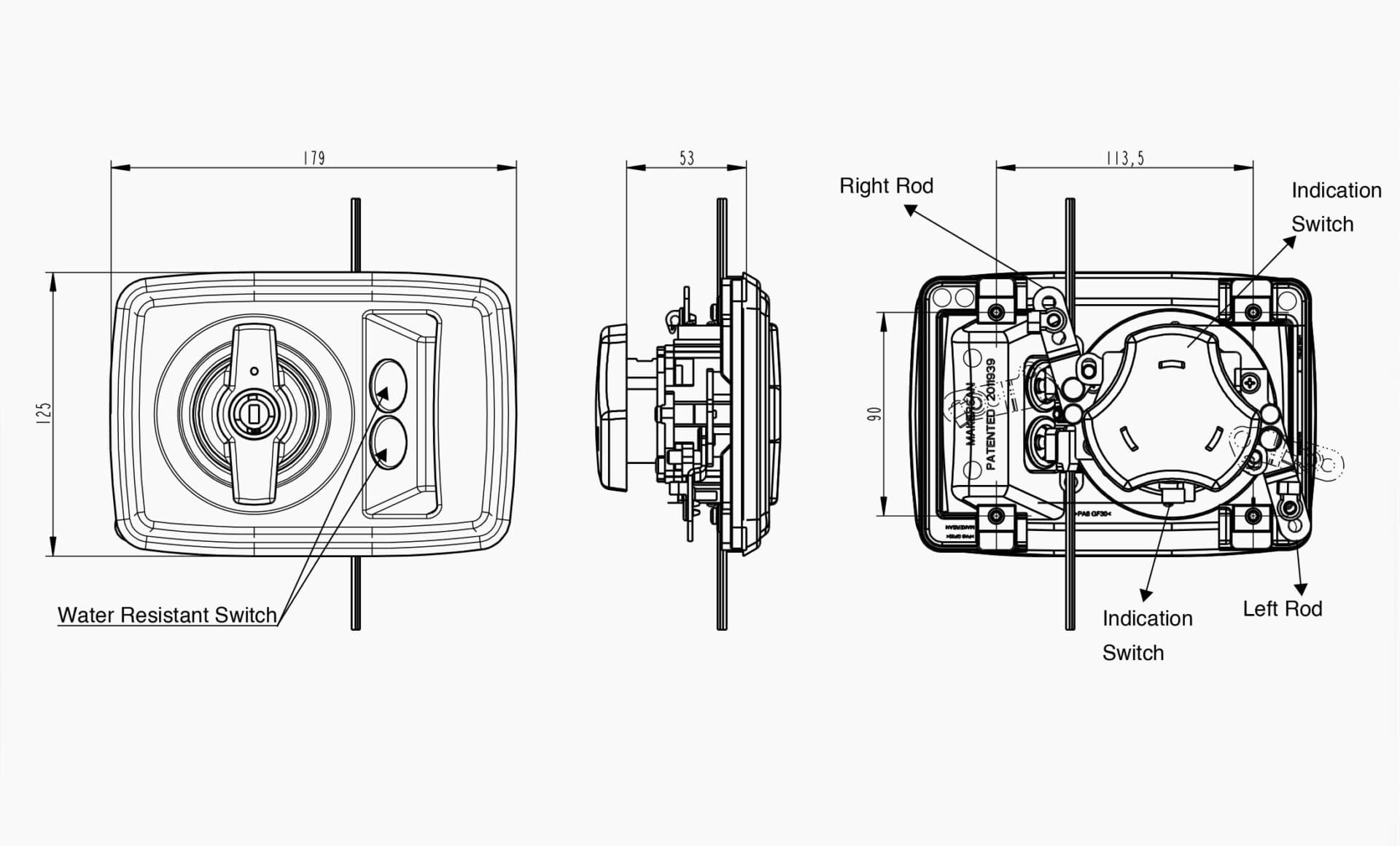 Technical drawing of the Makersan MO 047 door handle.