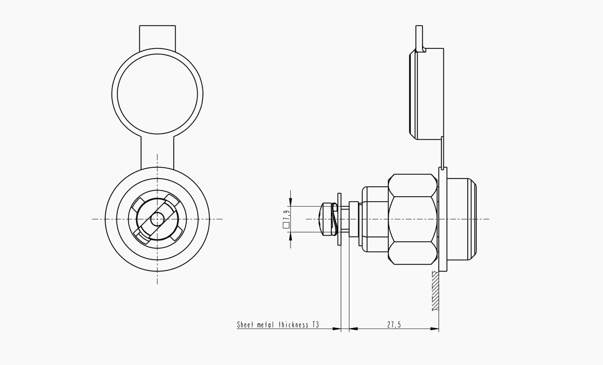 Technical drawing of the Makersan MO 030 cylinder lock.