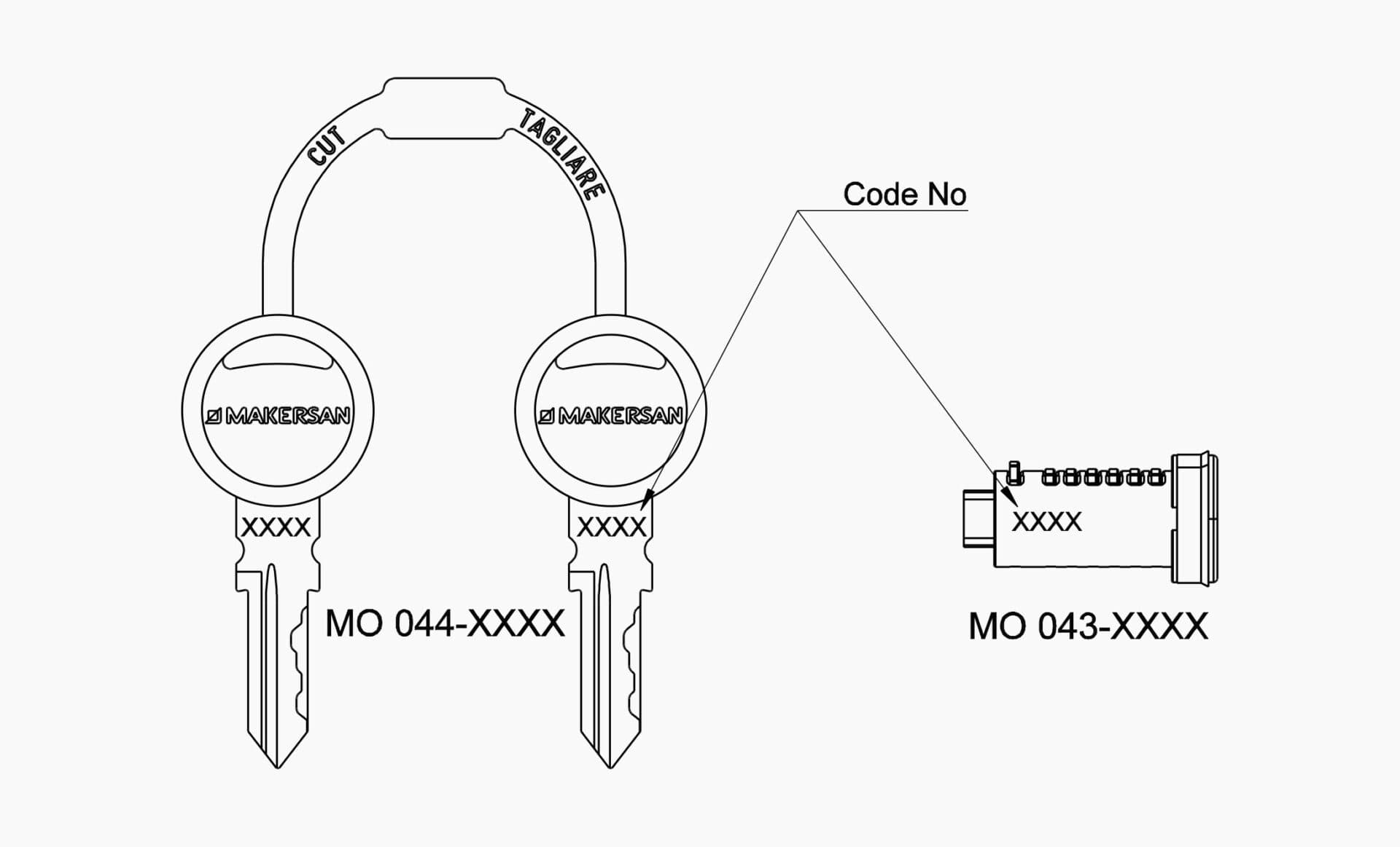 Technical drawing of the Makersan MO 043 / MO 044 barrel and key.