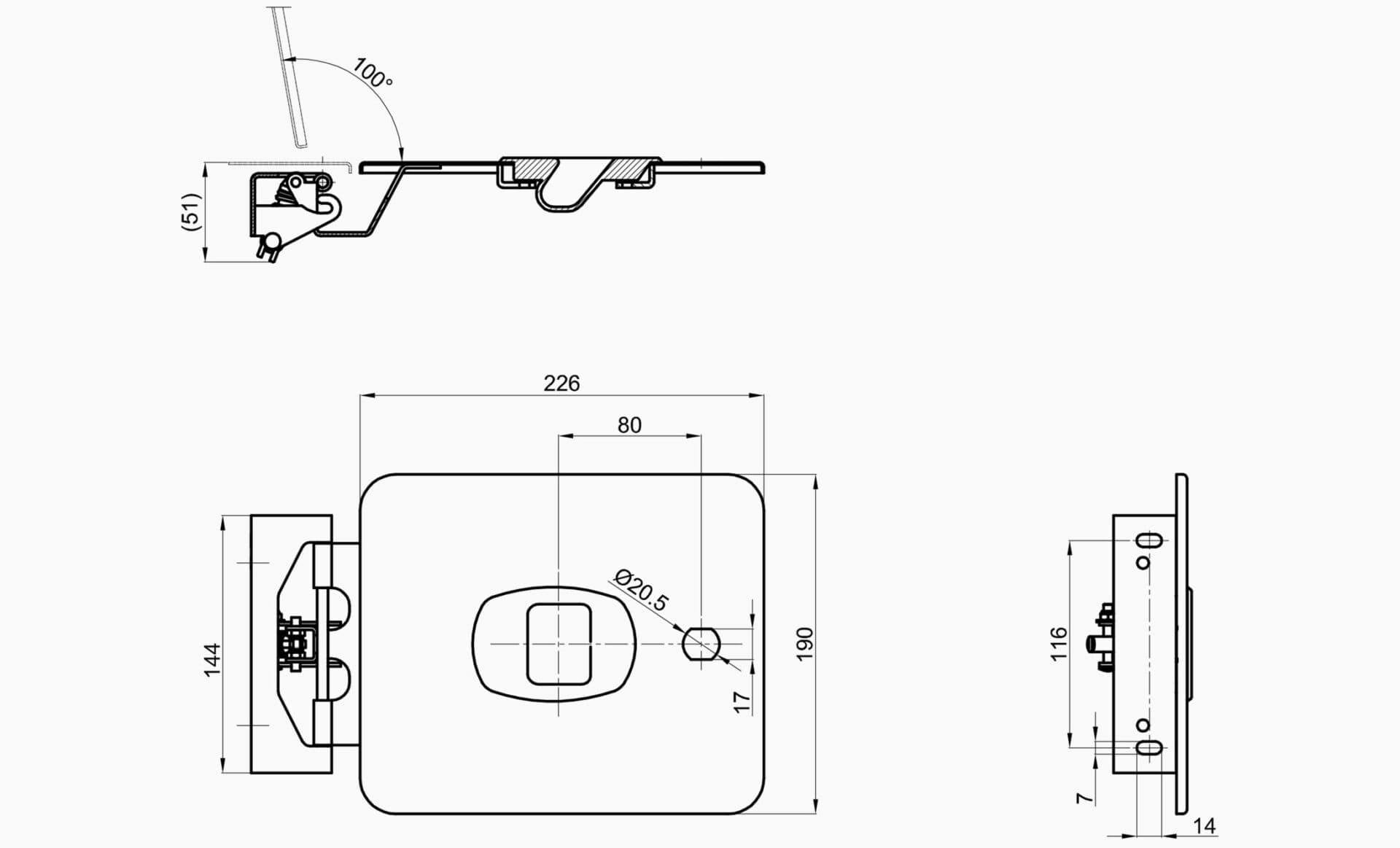 Technical drawing of the Makersan MO 074 fuel cover hinge.