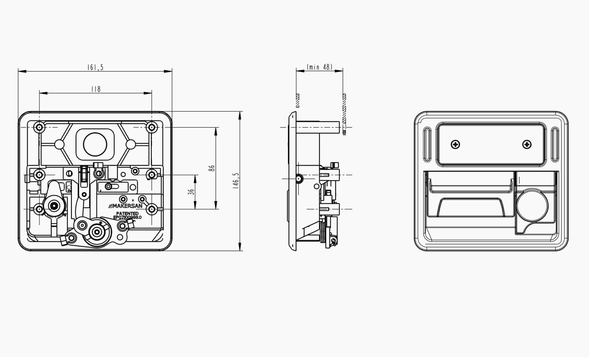 Technical drawing of the Makersan MO 022 luggage flap handle.