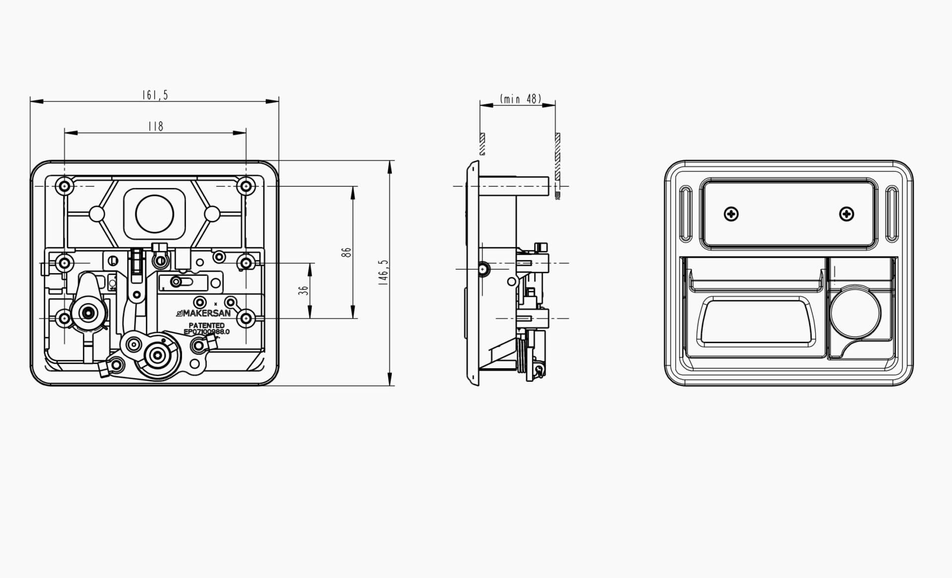 Technical drawing of the Makersan MO 024 luggage flap handle.