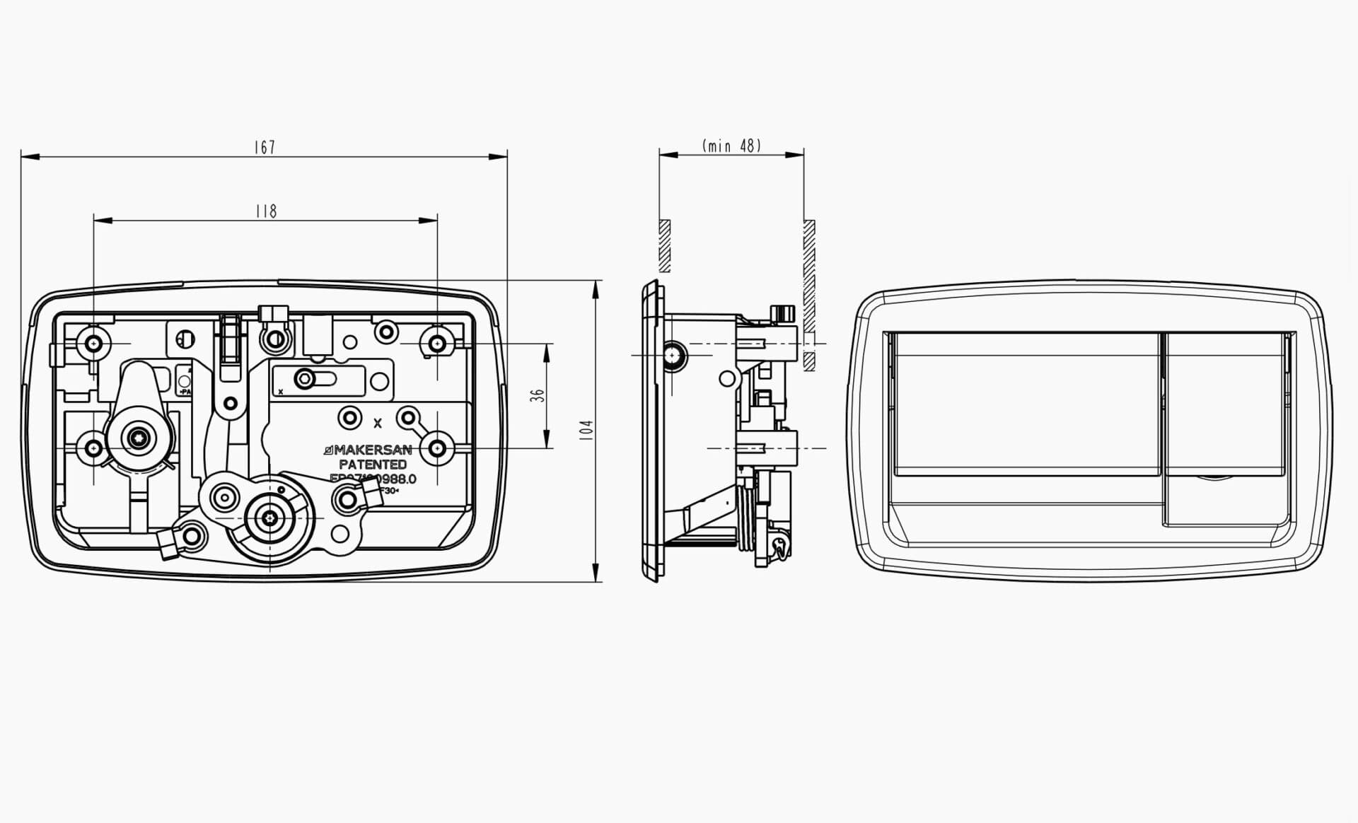Technical drawing of the Makersan MO 025 luggage flap handle.