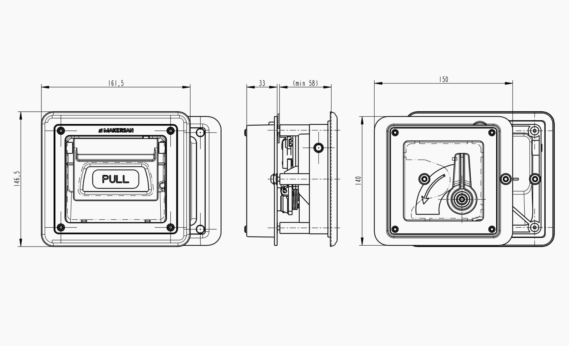 Technical drawing of the Makersan MO 038 exit door handle.