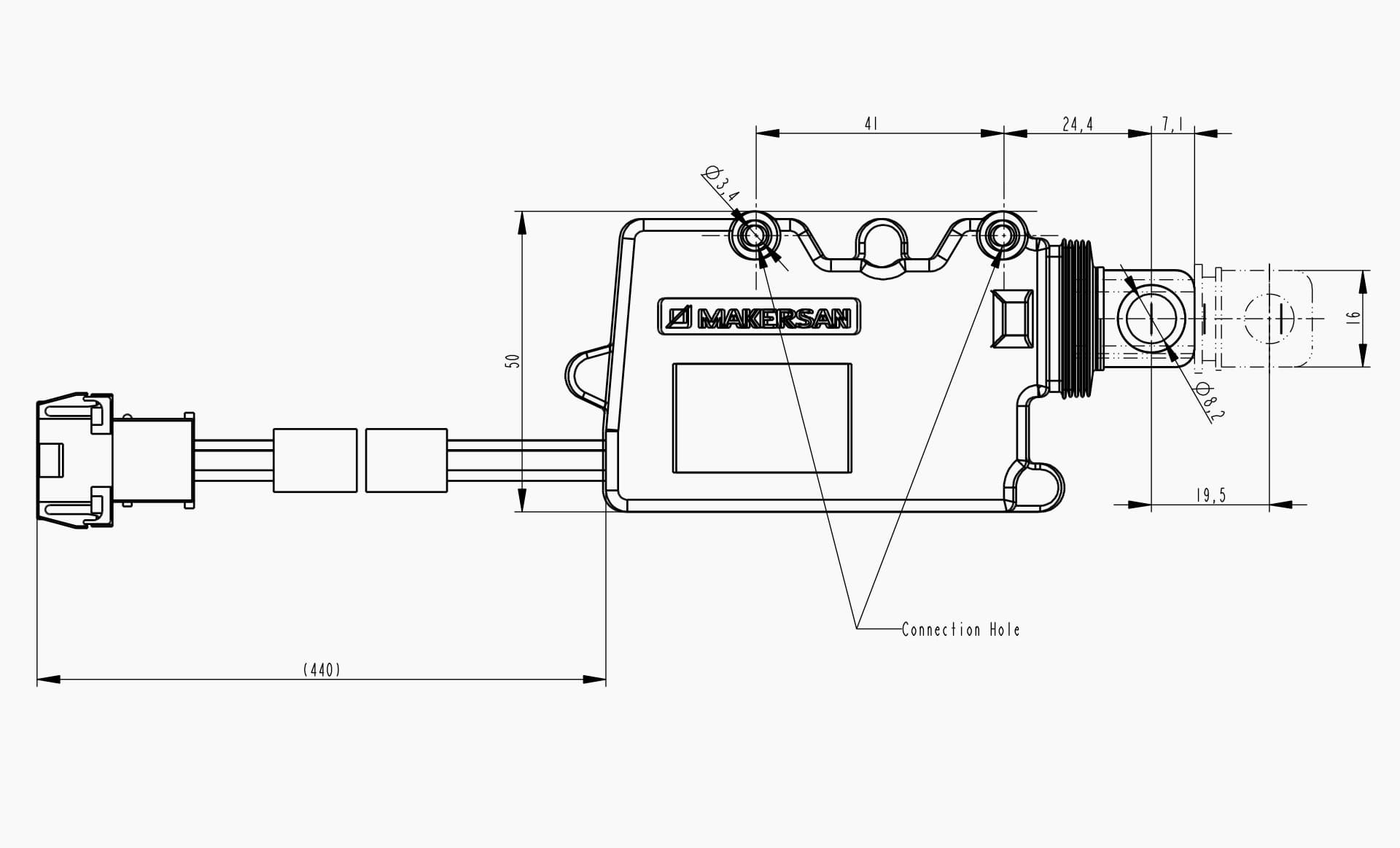 Technical drawing of the Makersan MO 055 DC motor actuator.