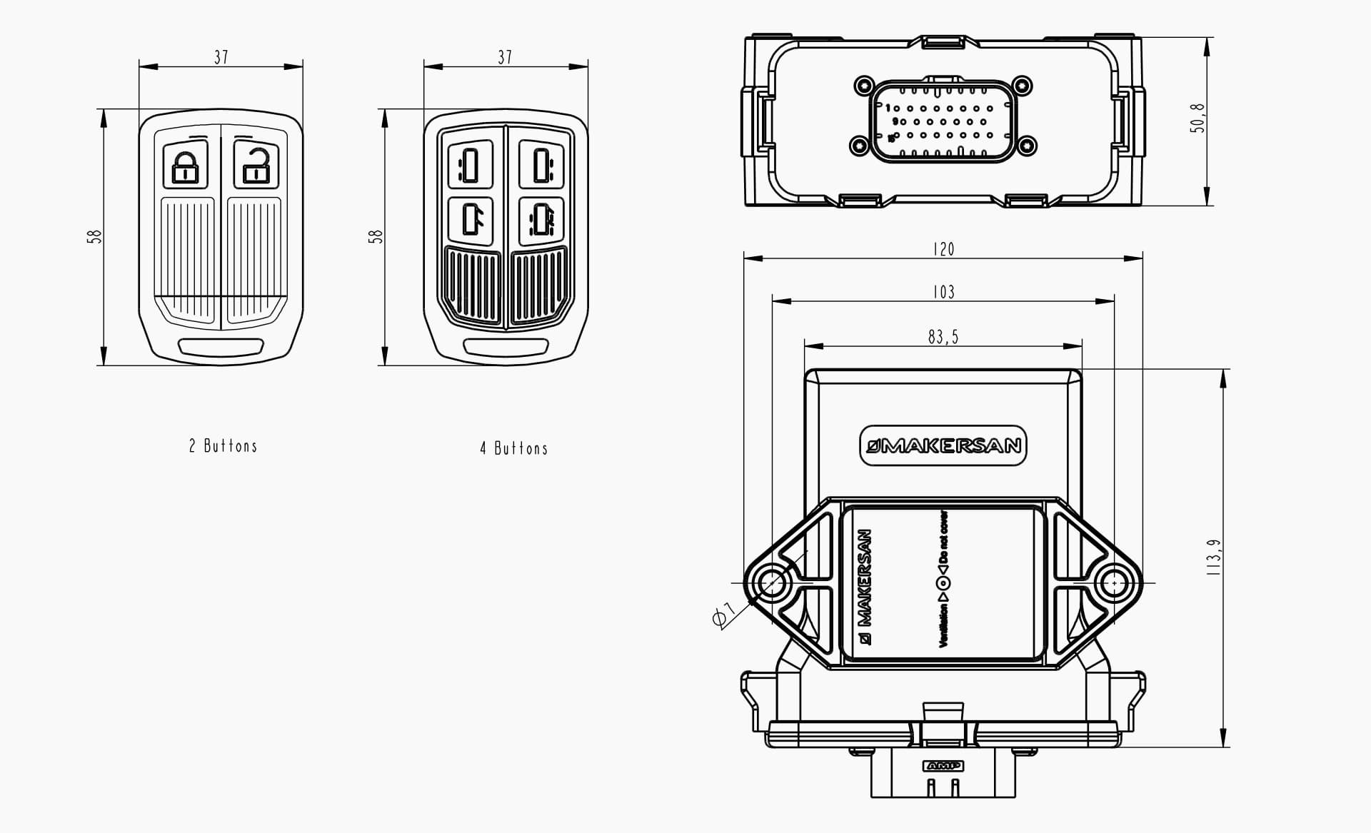 Technical drawing of the Makersan MO 651 H3X remote keyless entry unit.