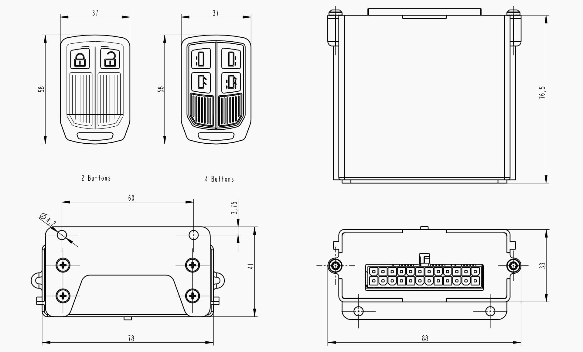Technical drawing of the Makersan MO 651 H4X remote keyless entry unit.
