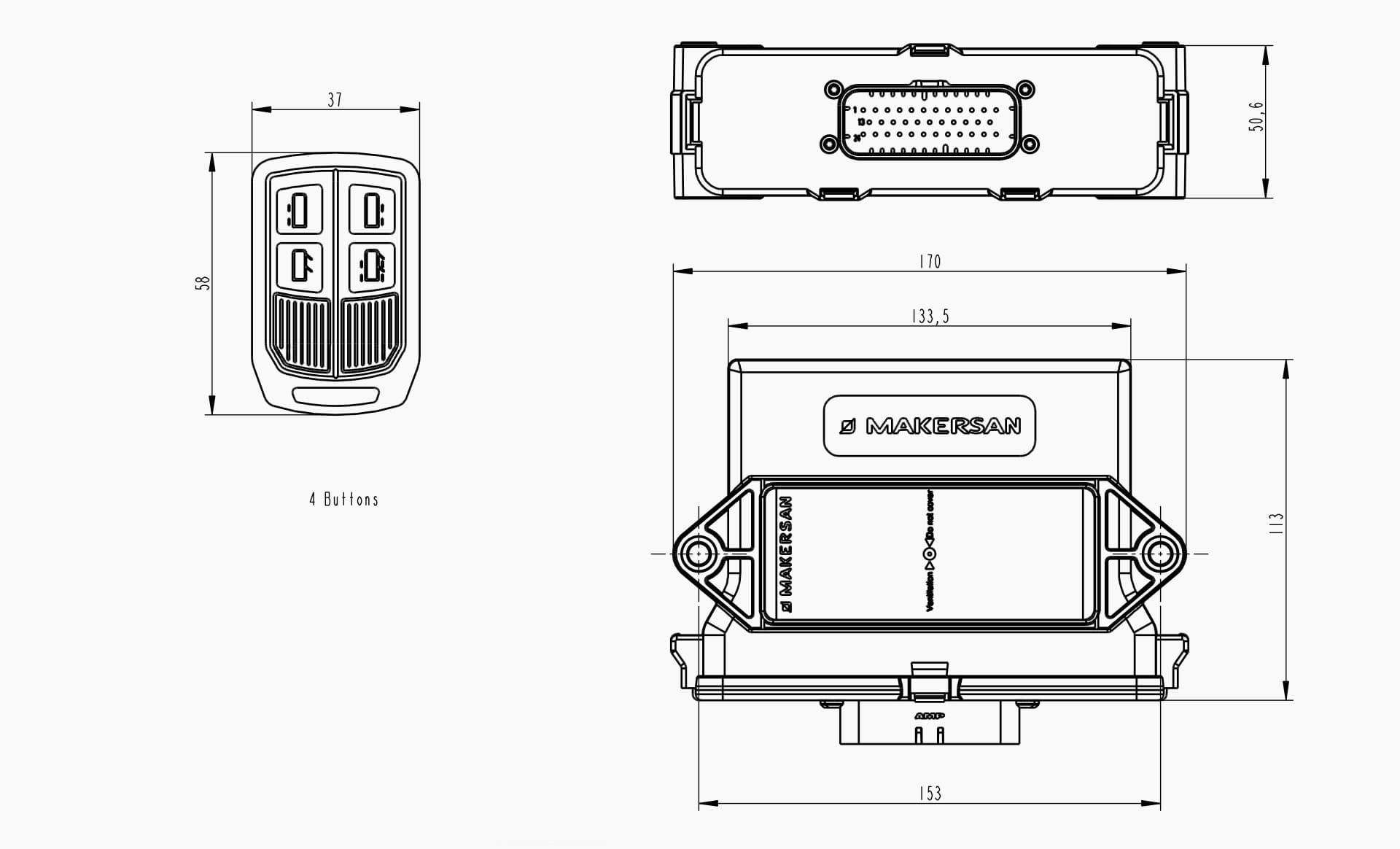 Technical drawing of the Makersan MO 651 H5X remote keyless entry unit.