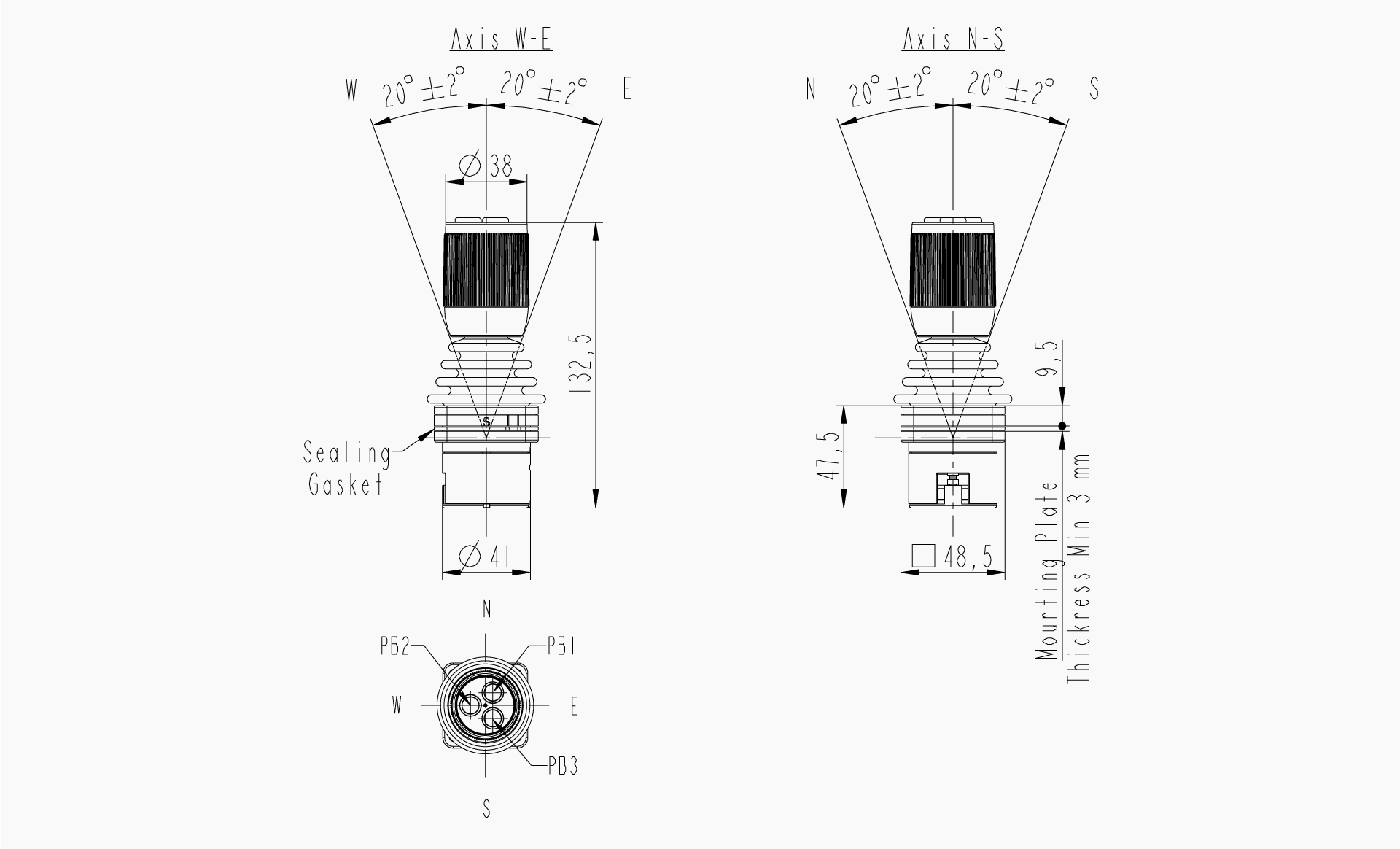 Makersan MO 395 A / Y / Z mini joystickinin teknik çizimi.