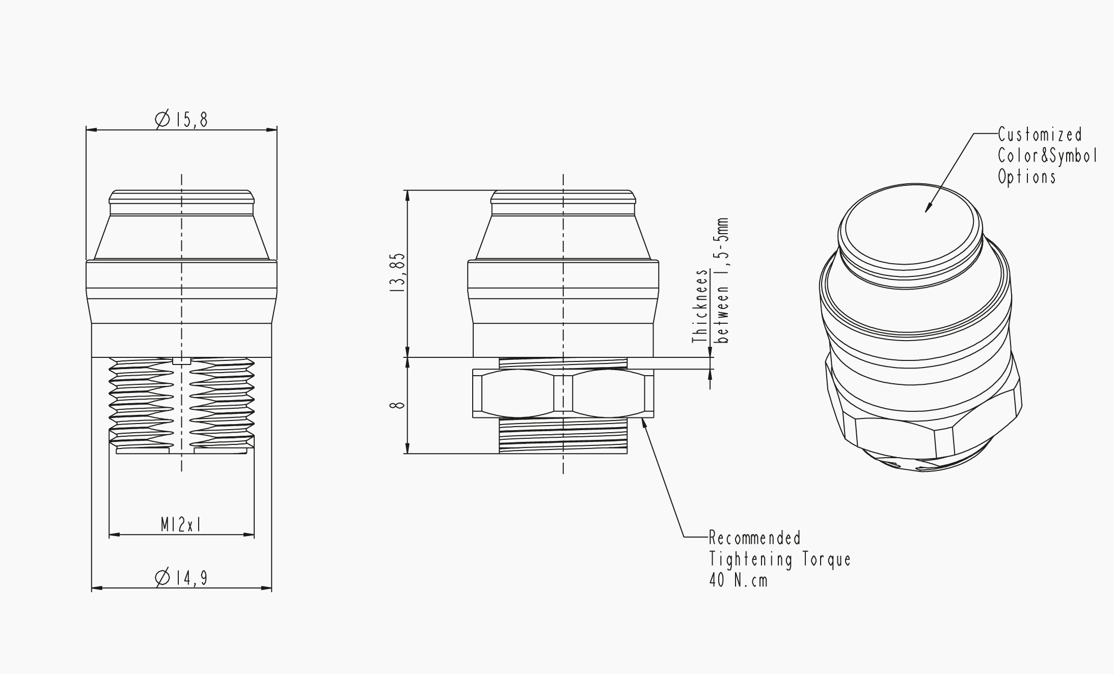 Technical drawing of the Makersan MO 392S sealed push button.