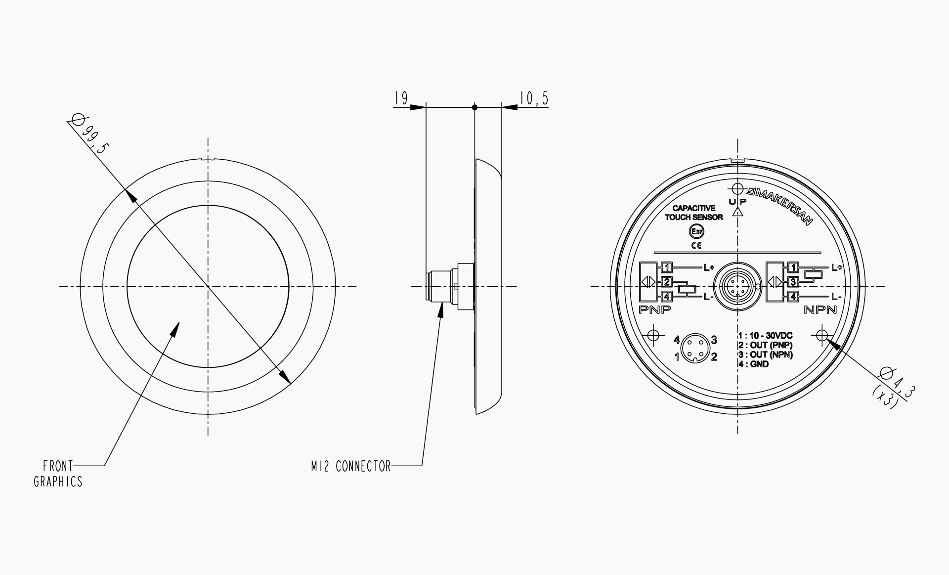 Technical drawing of the Makersan MO 400 touch button.
