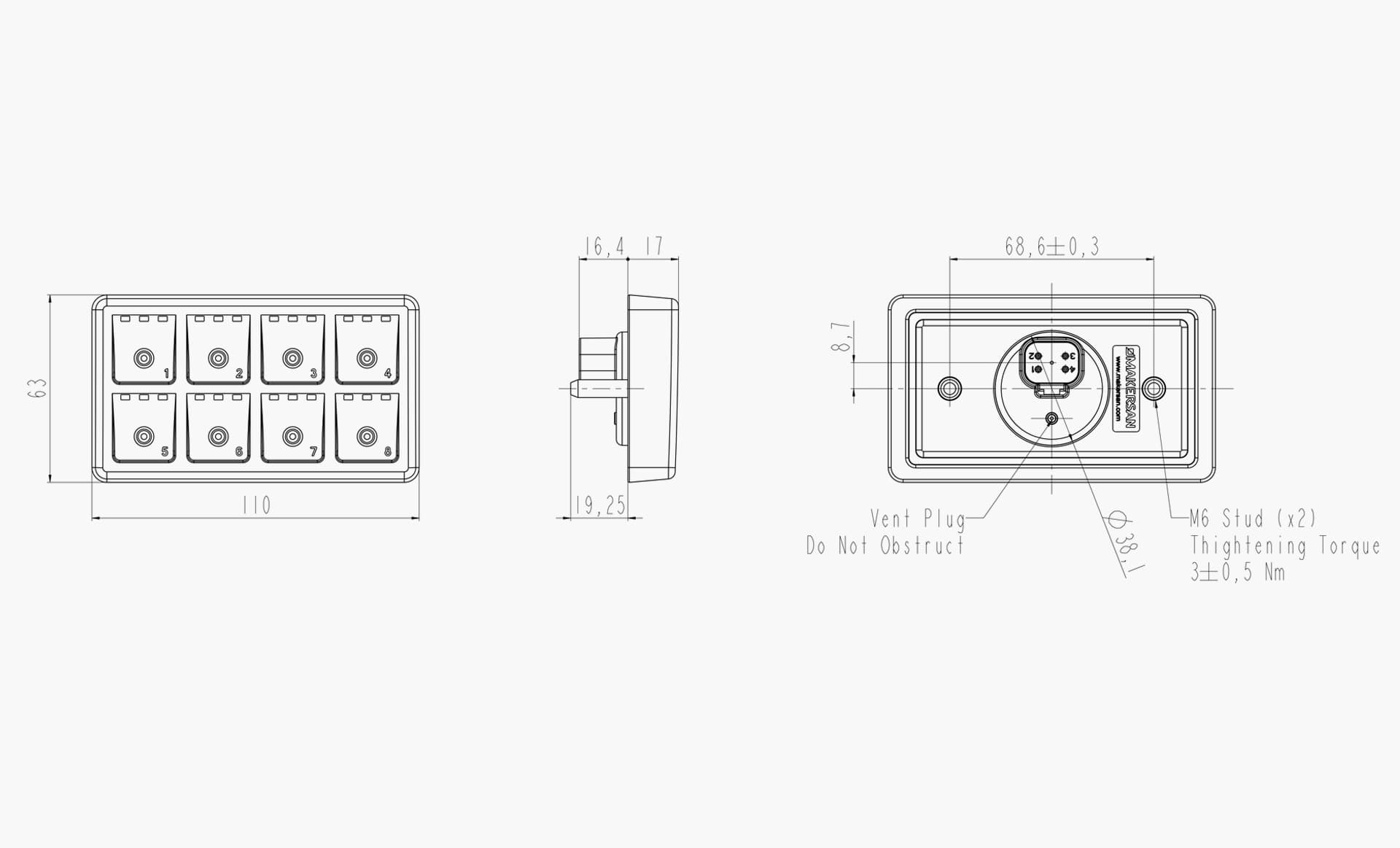 Technical drawing of the Makersan MO 405 H1X keypad.