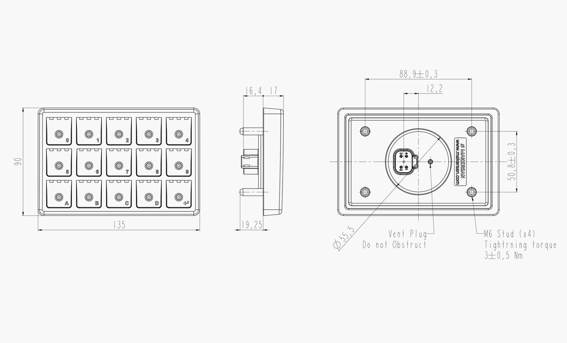 Technical drawing of the Makersan MO 405 H4X keypad.