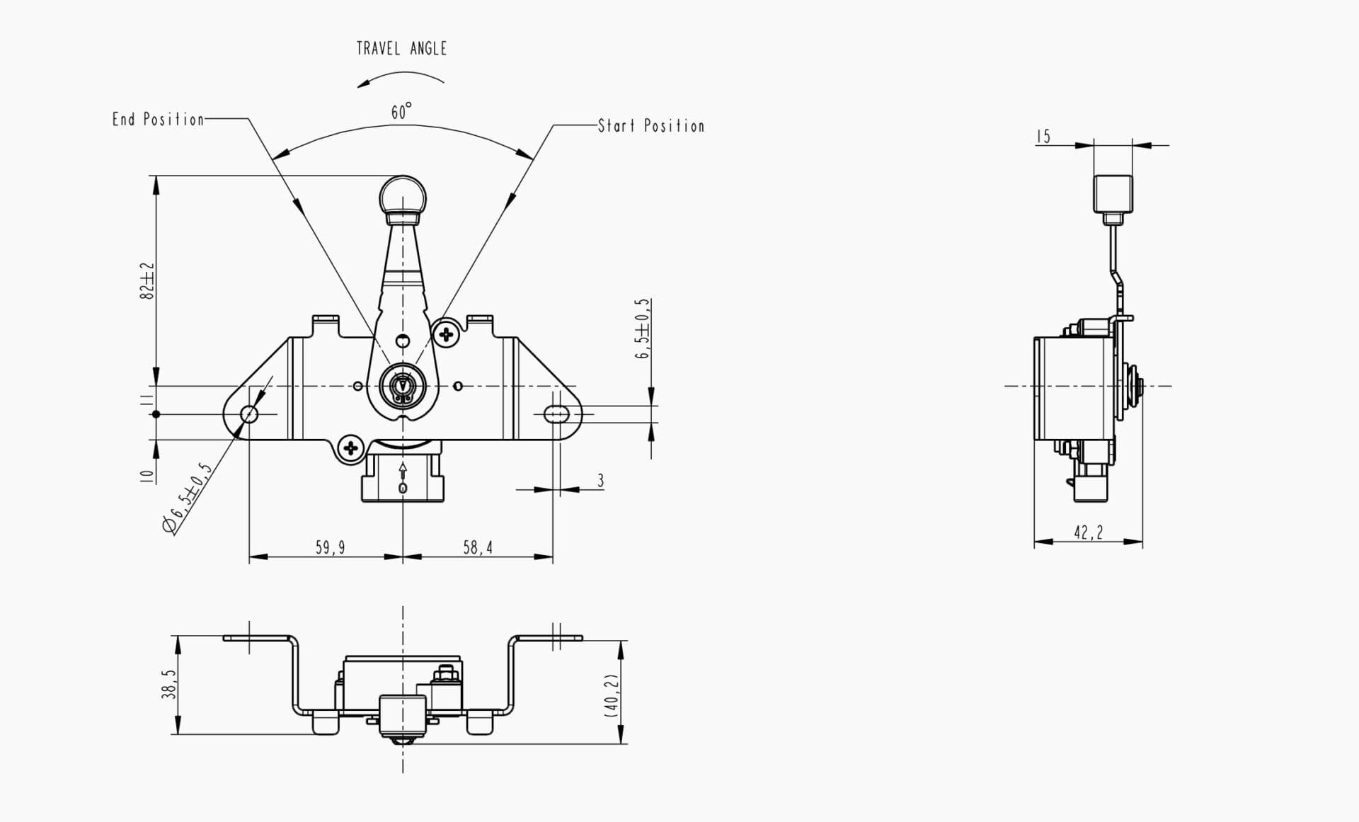 Technical drawing of the Makersan MO 378 front-mount rotary control lever.