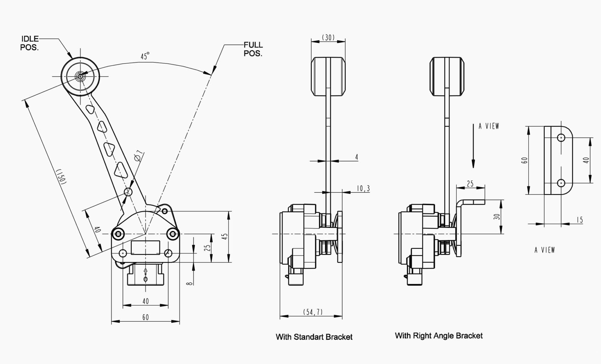Technical drawing of the Makersan MO 378M rotary control lever.