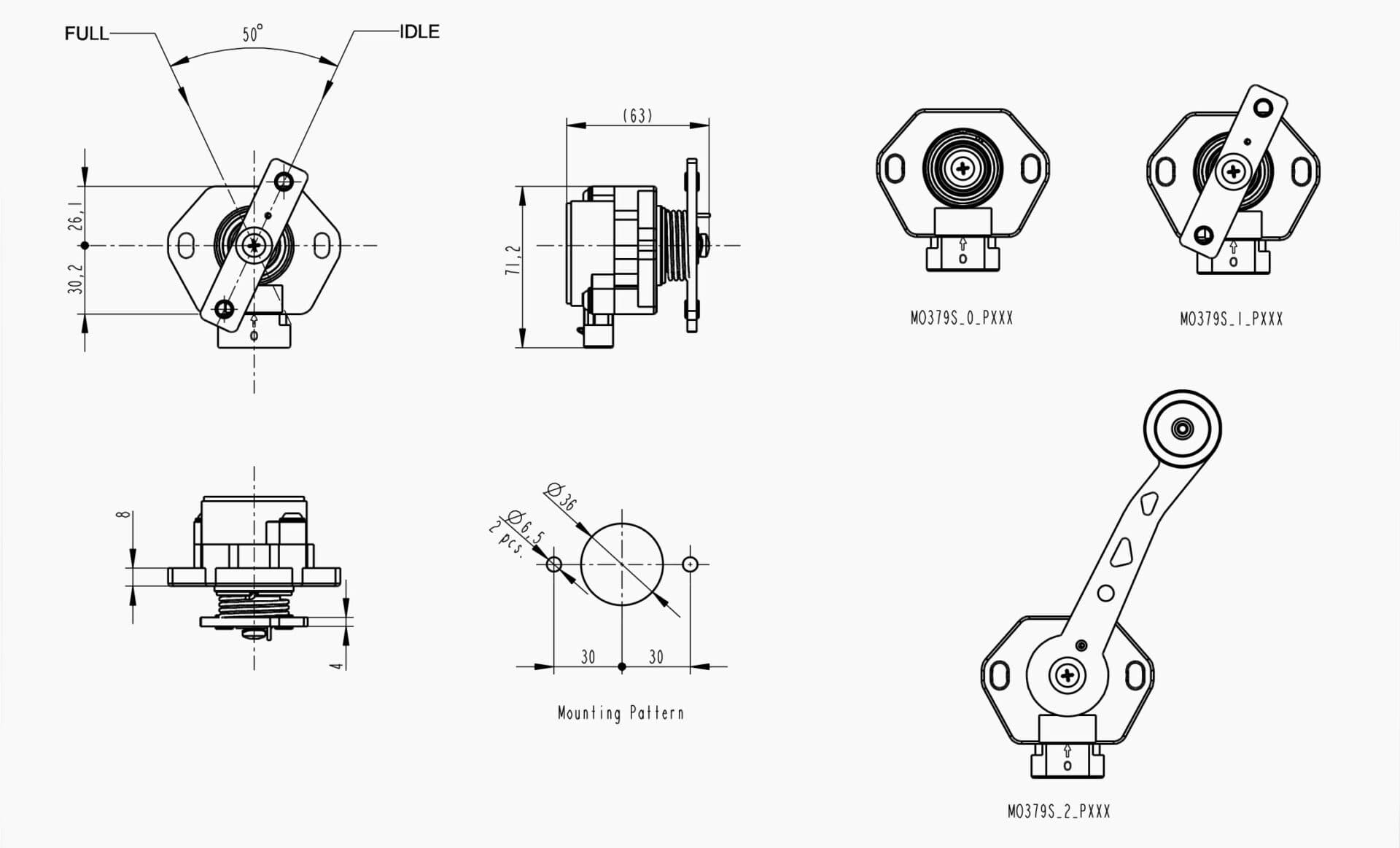 Technical drawing of the Makersan MO 378S rotary control lever.