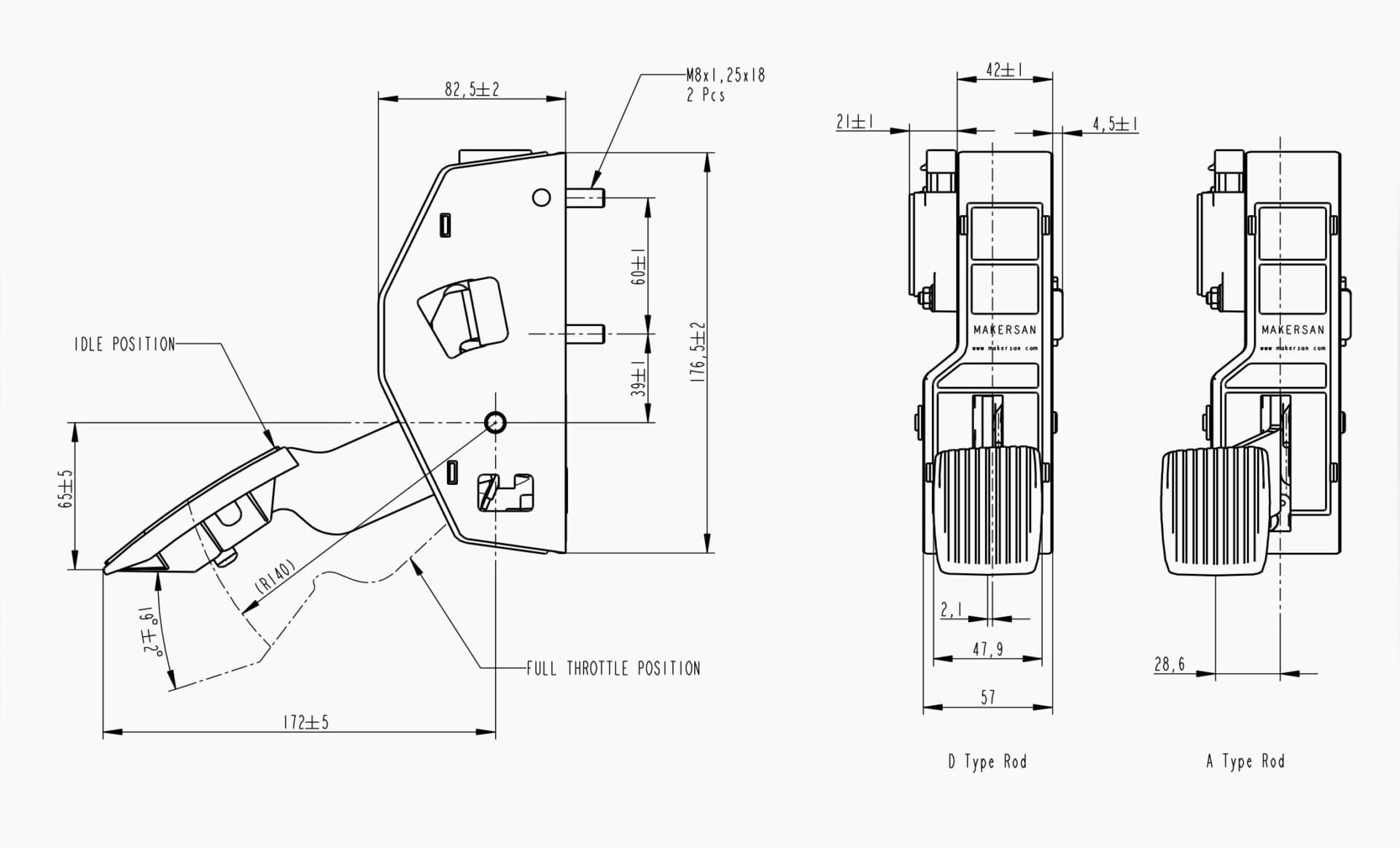 Technical drawing of the Makersan MO 126 suspended accelerator pedal with key dimensions.