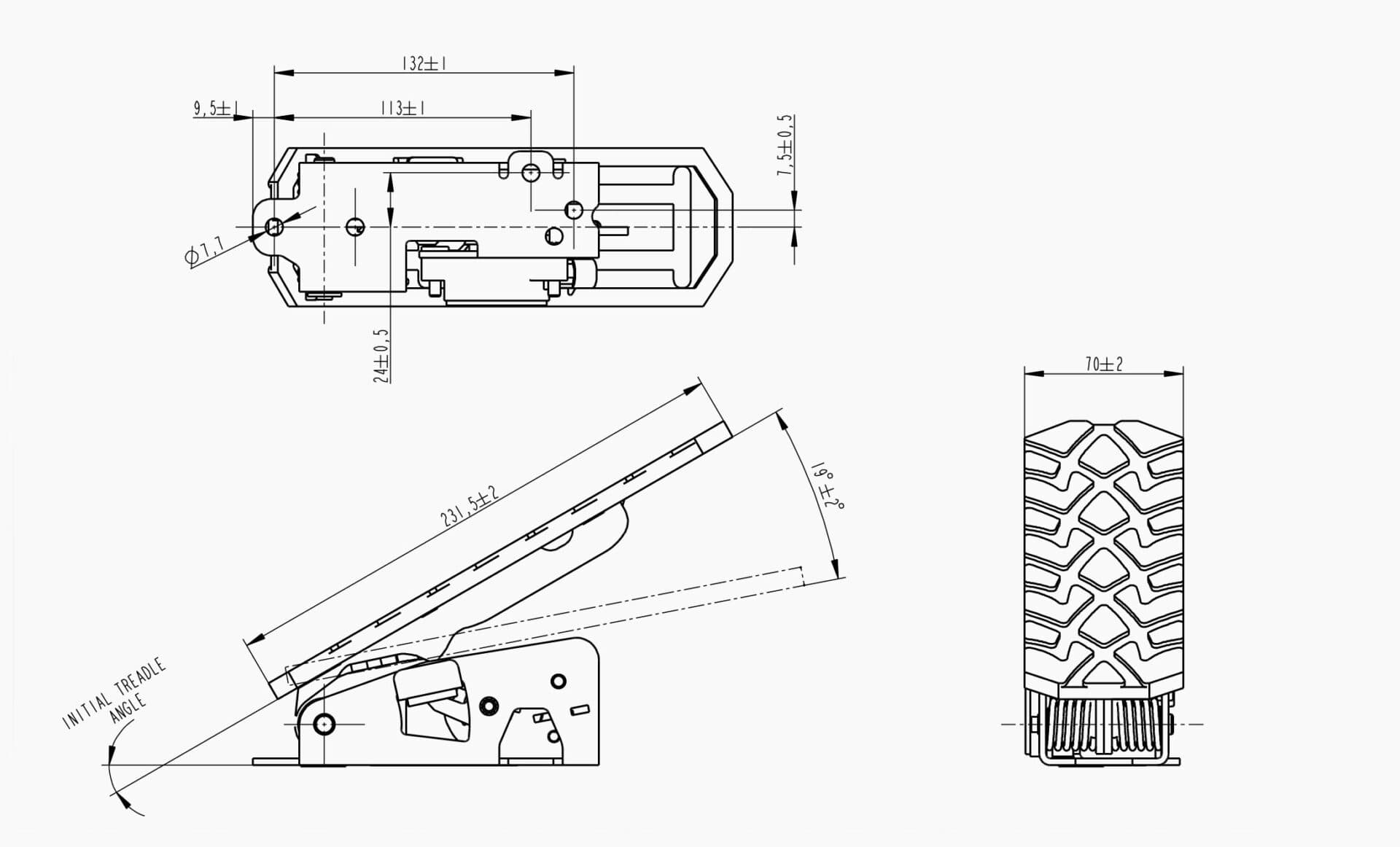 Technical drawing of the Makersan MO 129LW long-wide treadle accelerator pedal.