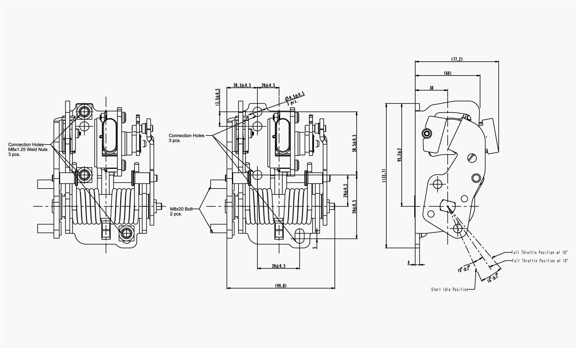 Technical drawing of the Makersan MO 382C left-side underfloor tractor pedal.