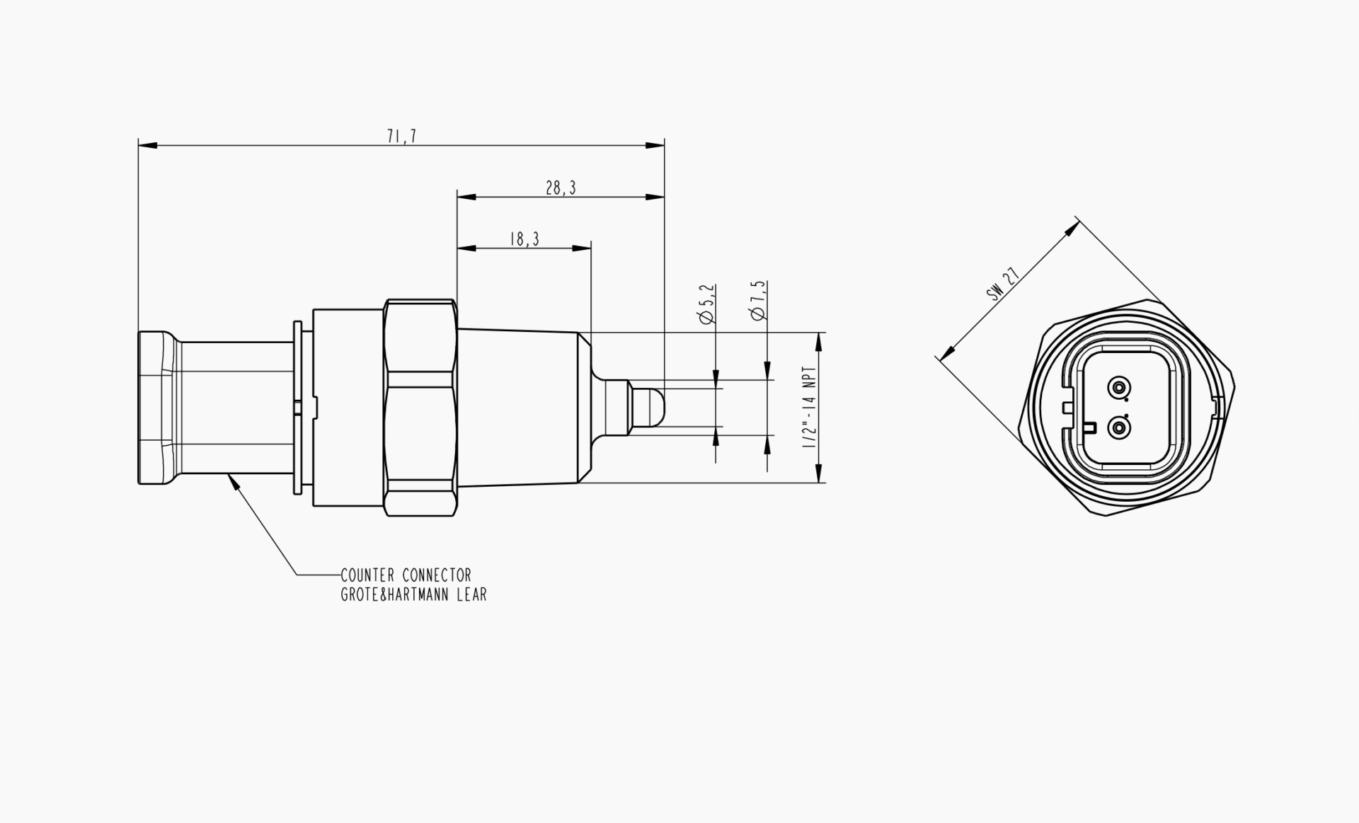 Technical drawing of Makersan MO 413 with A connection variant and dimensional references.