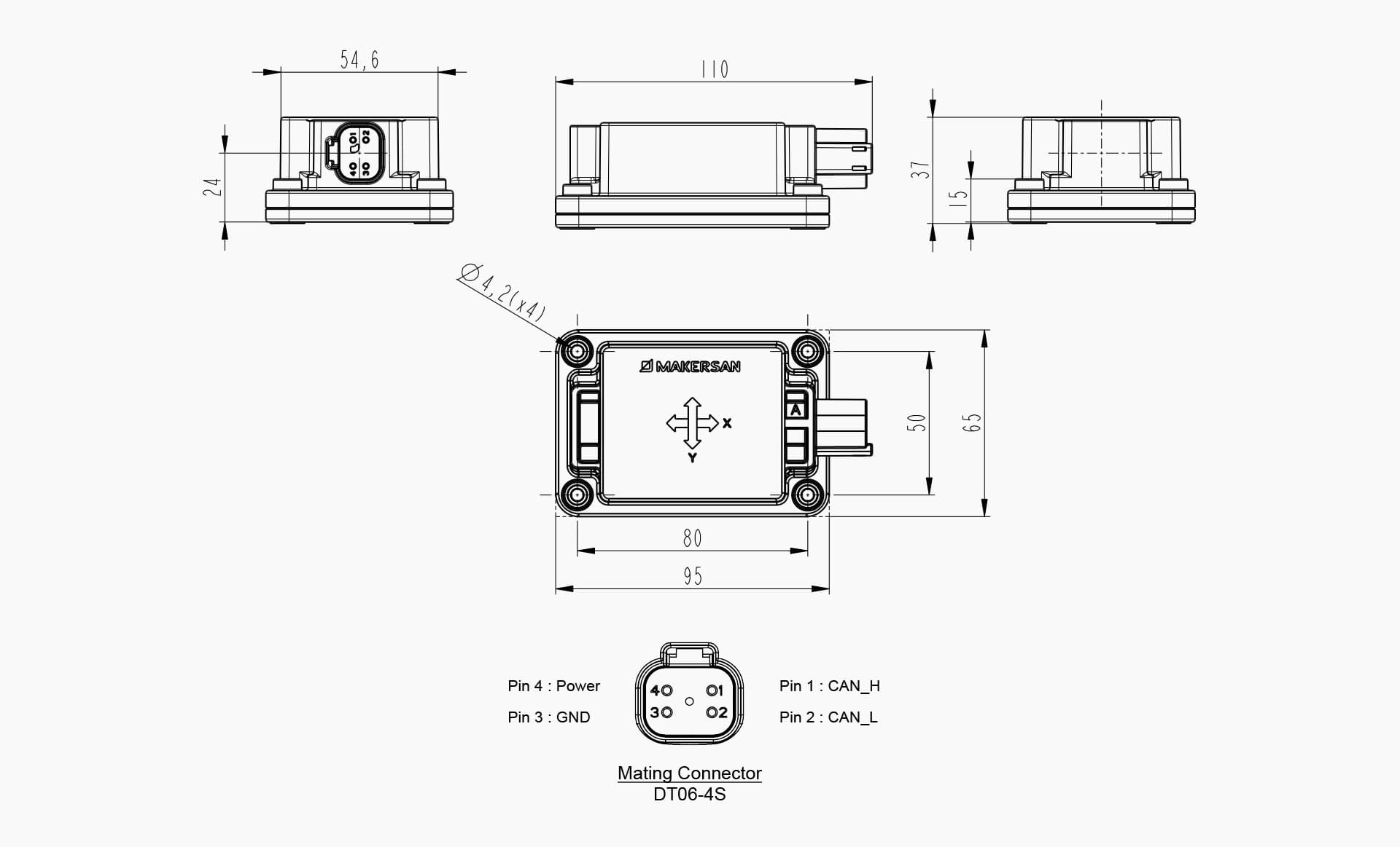 Technical drawing of Makersan MO 415 inclination, acceleration and gyro sensor with key dimensions.