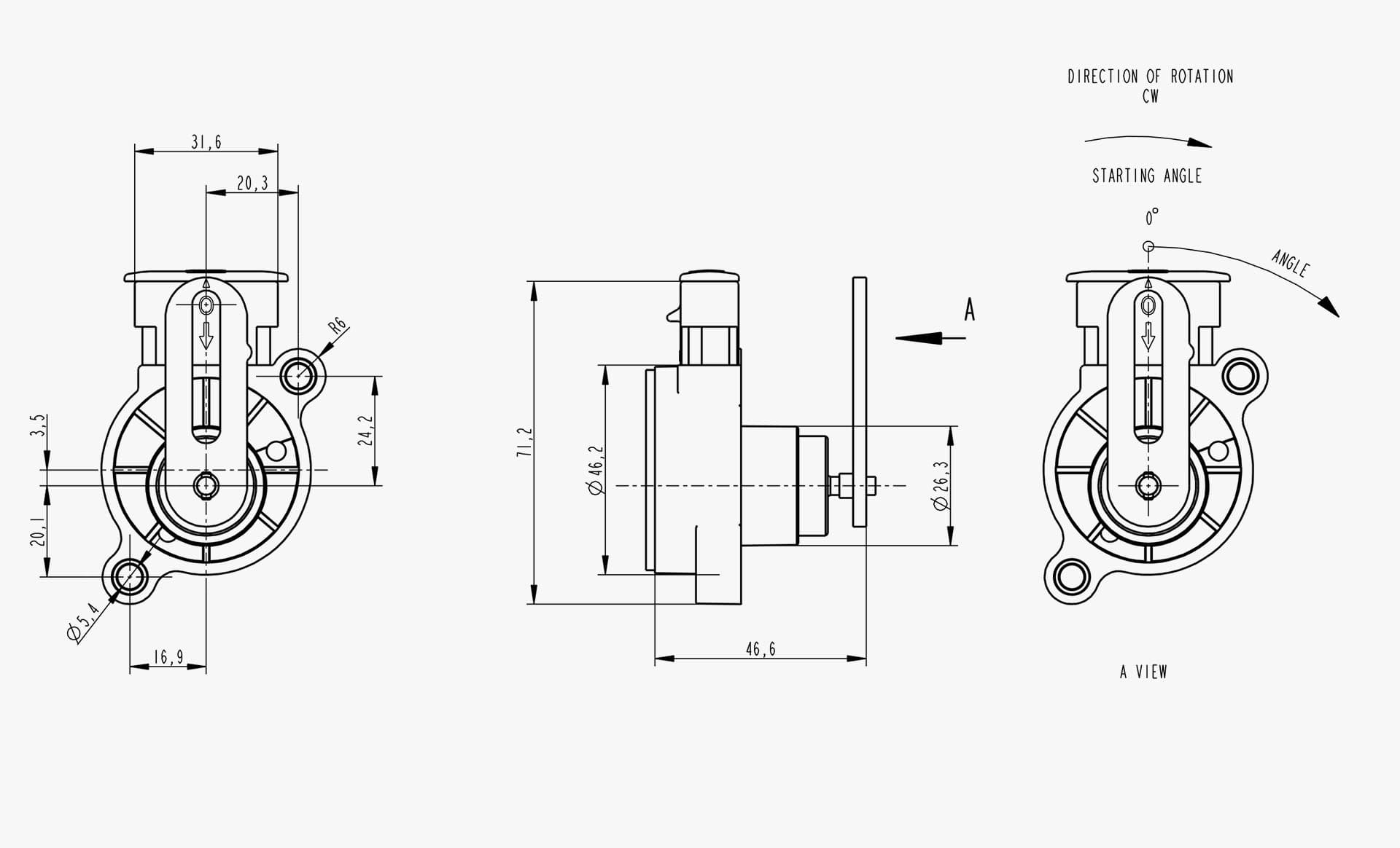 Technical drawing of Makersan MO 450A shaft type rotary position sensor with key dimensions.