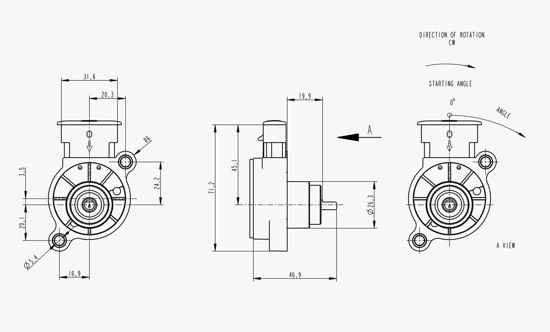 Technical drawing of Makersan MO 450D hollow-shaft type rotary position sensor with key dimensions.