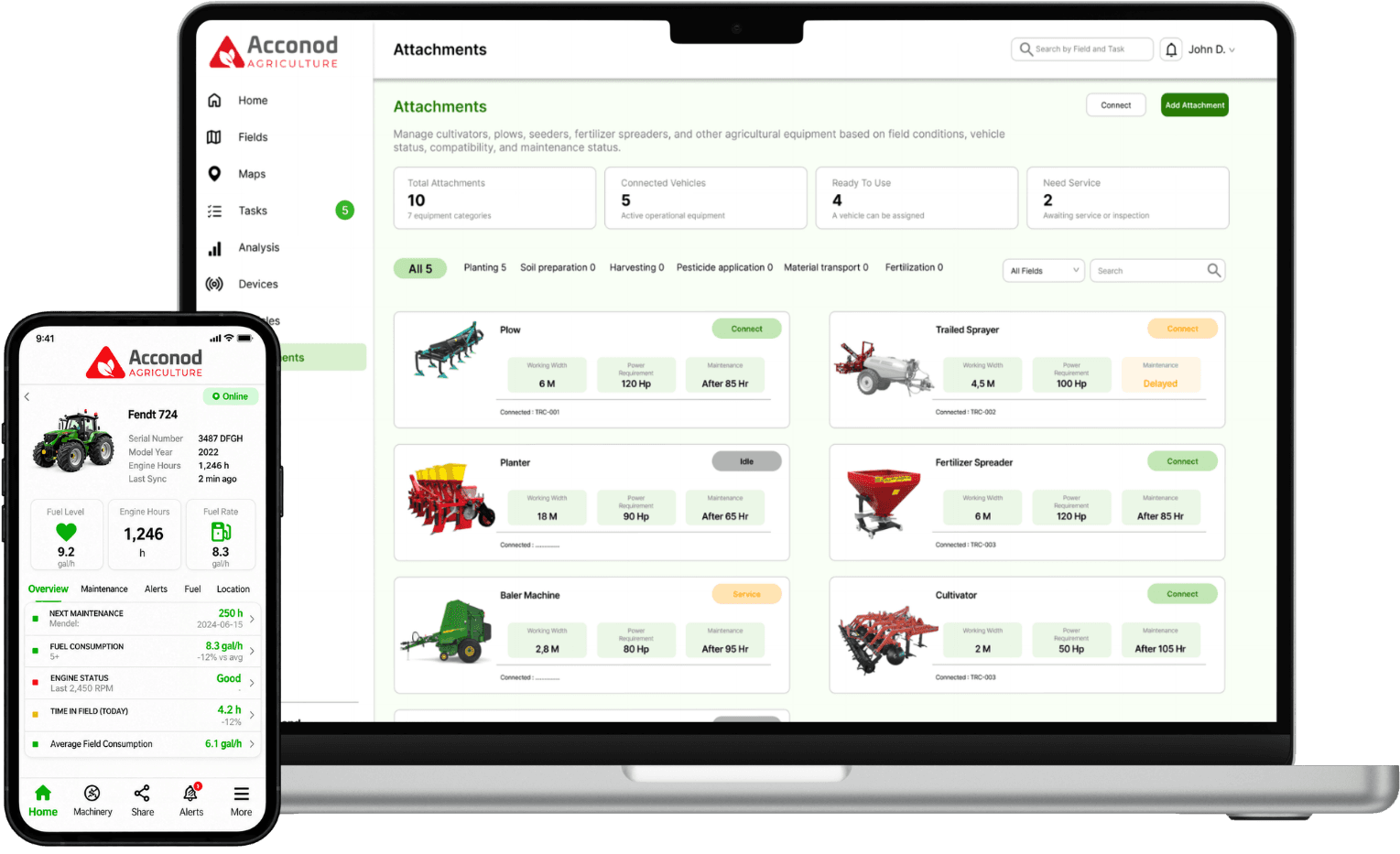 Acconod Agriculture interface — attachment and maintenance tracking on the web dashboard, with a tractor's status in the mobile app beside it.