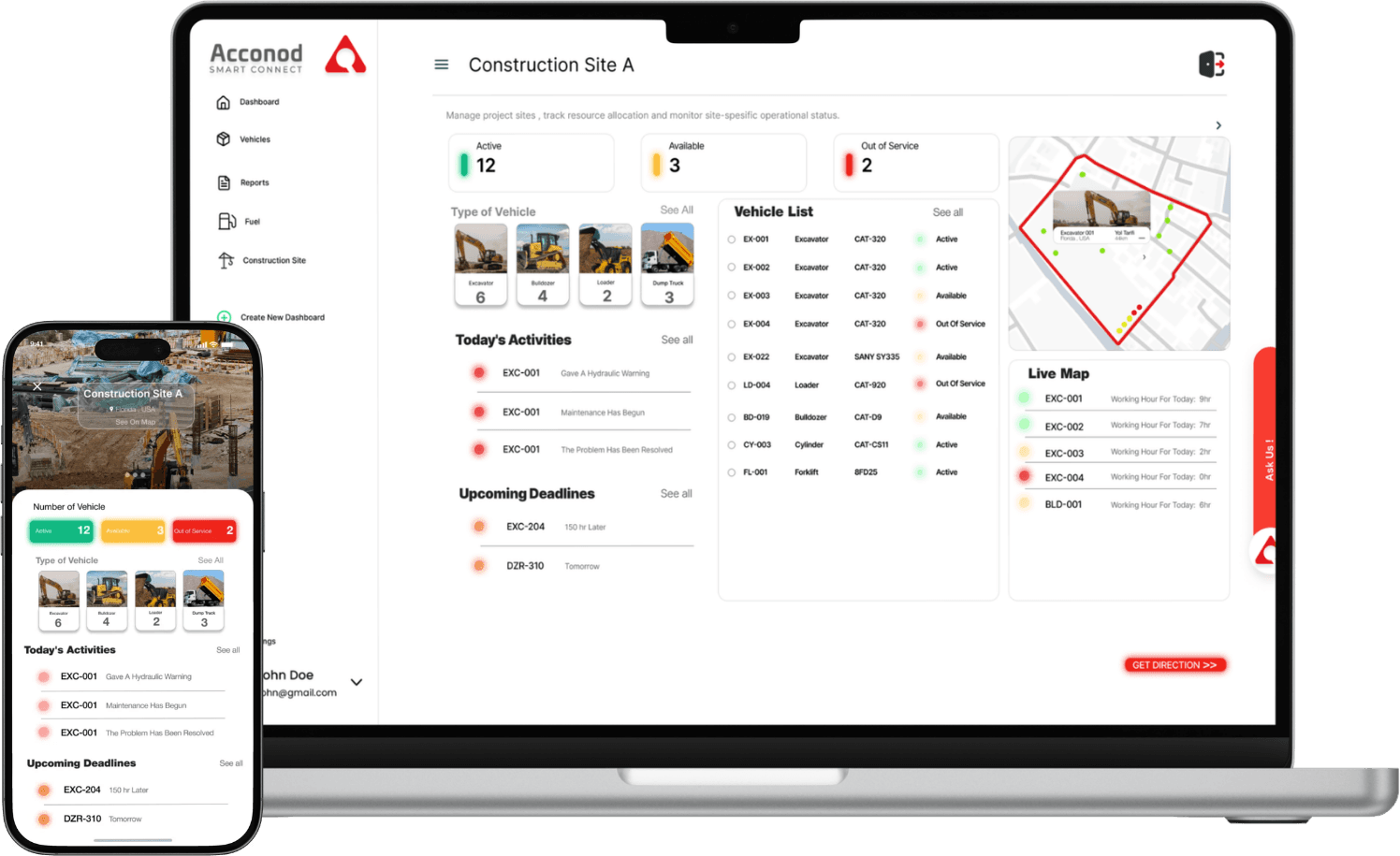 Acconod interface — construction-site dashboard with live vehicle status, with the mobile app beside it.