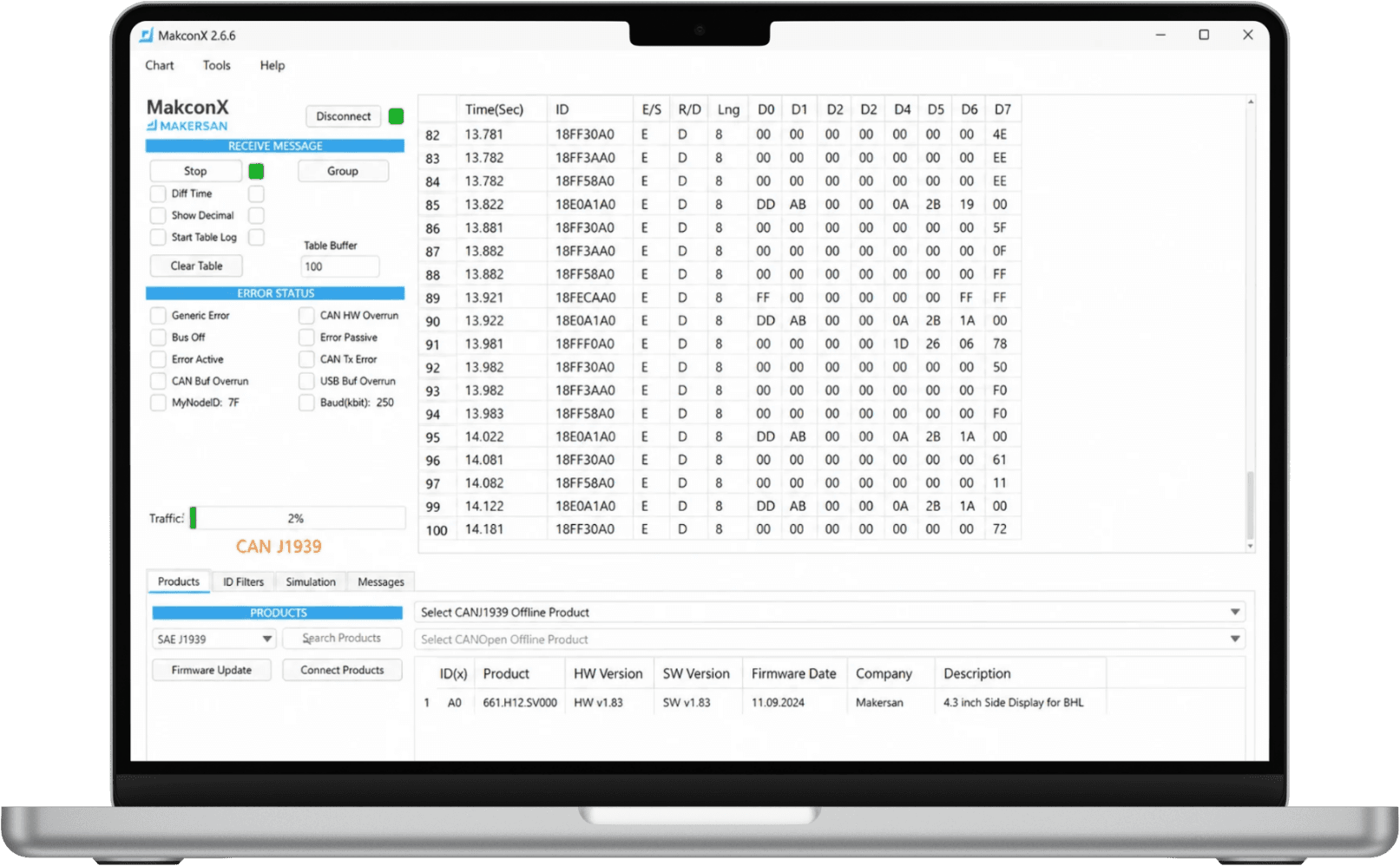 Makcon interface — live CAN bus trace beside connected product details.