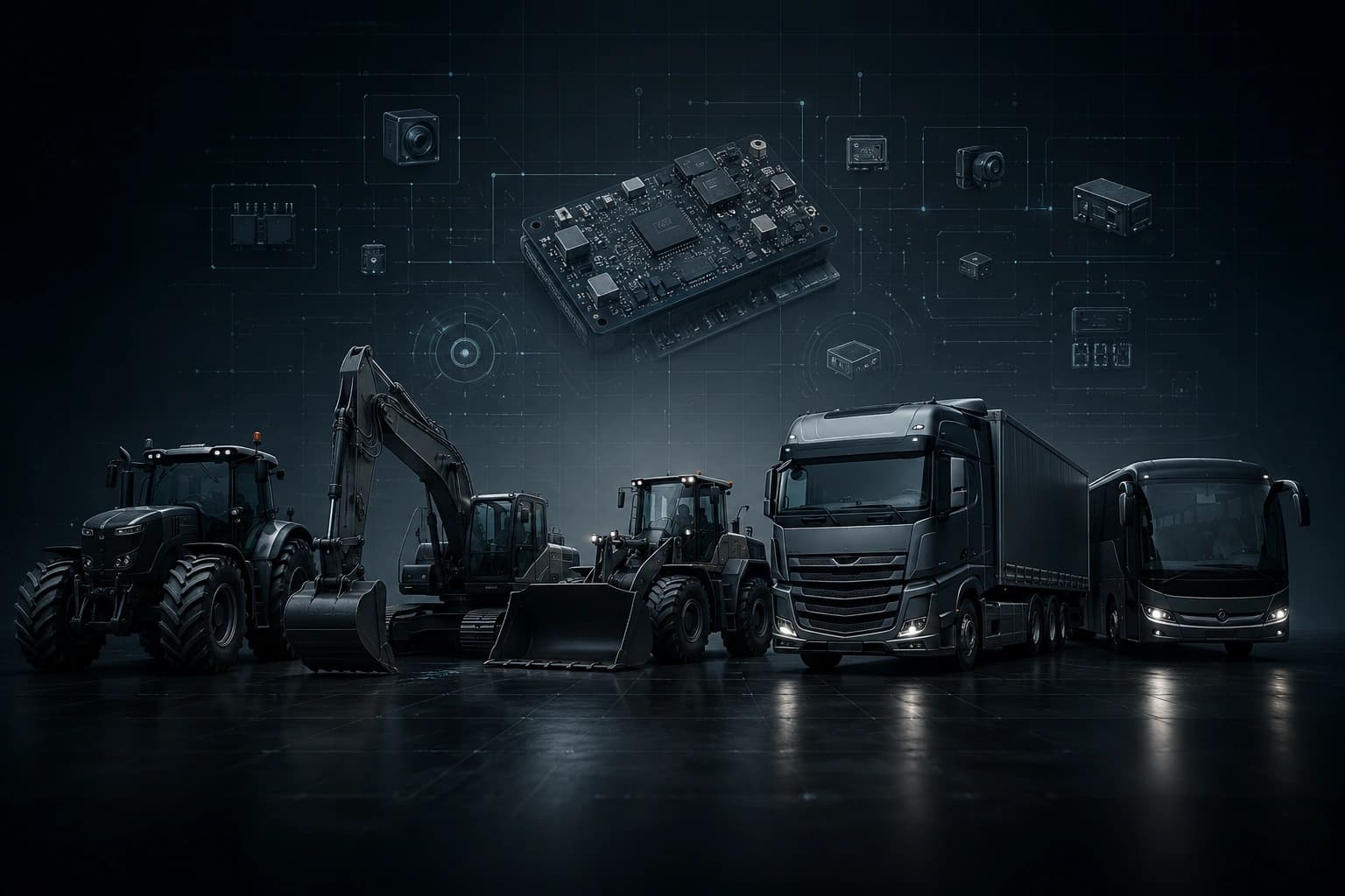 Traktor, Bagger, Radlader, Lkw und Bus unter einer Makersan-Steuerplatine und Sensorkomponenten