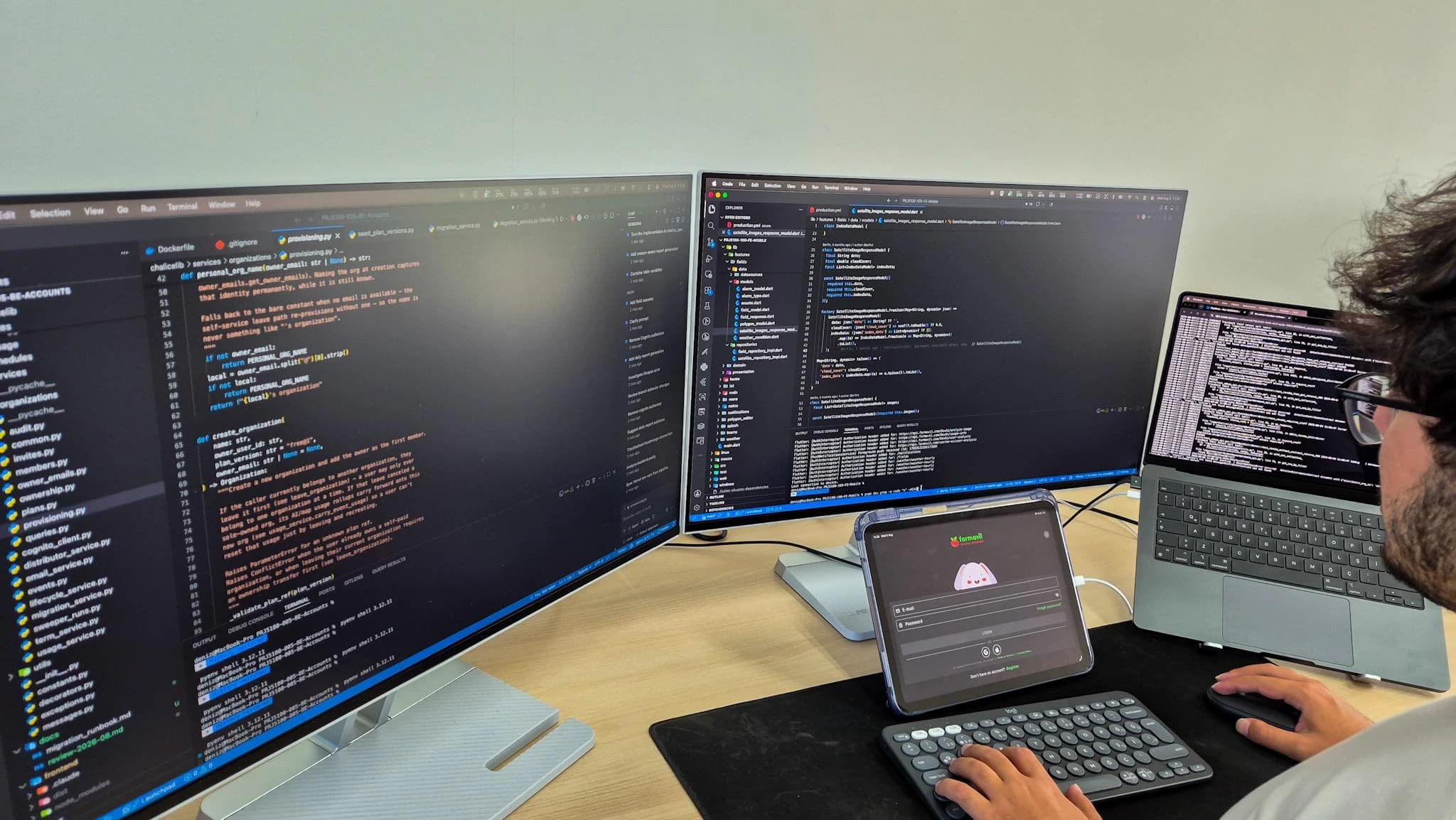 Embedded software bench with debug output on screen and an instrumented board under test