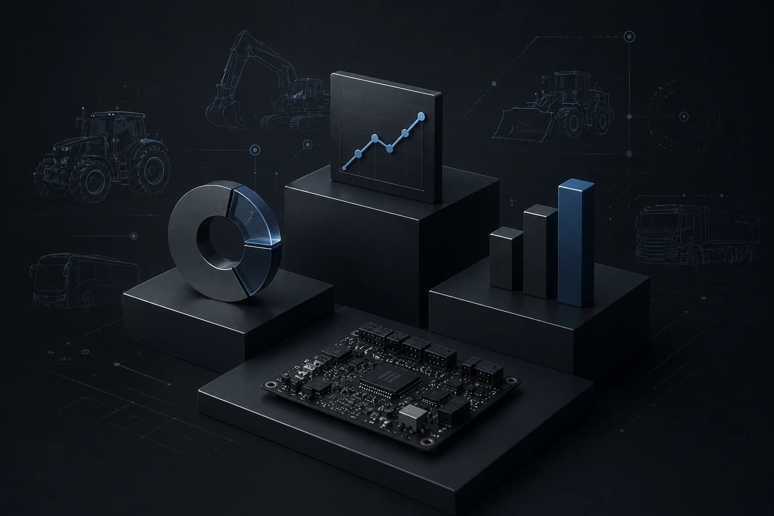 Diagramm-Skulpturen und eine Makersan-Steuerplatine auf dunklen Podesten, dahinter Umrisse von Land- und Baumaschinen