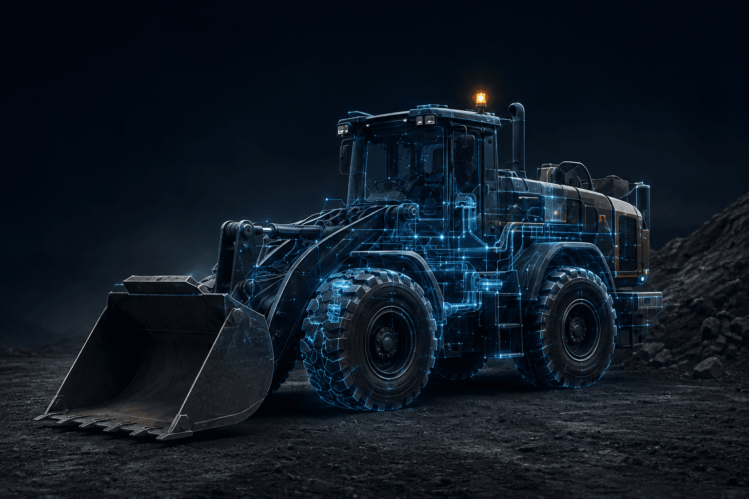 Wheel loader rendered with its electronic system lit up along the boom, cab and driveline