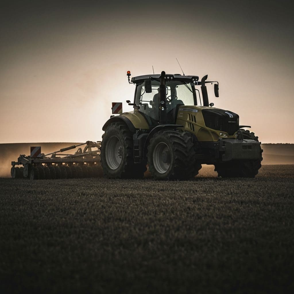 Agricultural tractor working a field at sunrise.