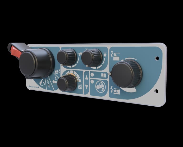Makersan MO-655 hitch and header height control panel with a teal-blue branded faceplate, a single-axis red-tipped multifunction lever, four rotary control knobs and an iconographic legend for hitch lift, header height and PTO functions.