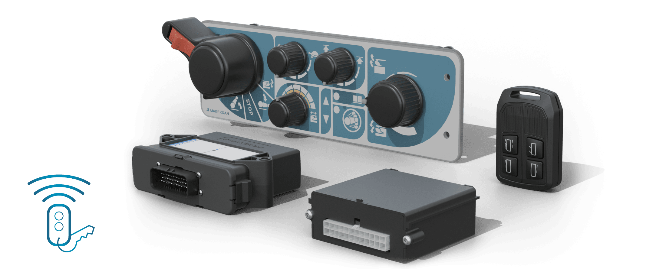 Makersan application-specific controller lineup showing hitch control panel, RKE keyfob and rugged receiver modules.