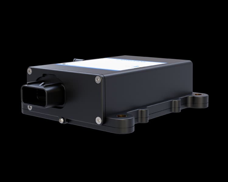 Makersan MO-720 telematics gateway shown at a 3/4 angle: rugged black sealed enclosure with three M12 circular connectors on the front face, an orange dual-pin power terminal on the side, and four corner mounting points.