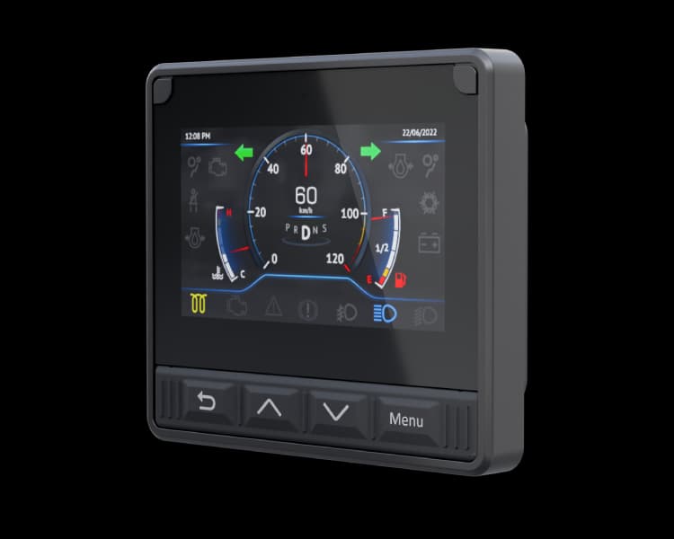 Makersan MO-661 compact 4.3-inch industrial HMI display with four physical control buttons - Back, Up, Down and Menu - showing a digital instrument cluster with a 60 km/h speedometer, gear indicator and warning icons.