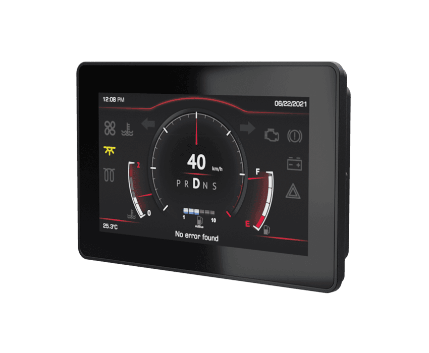 Makersan MO-662 7-inch industrial HMI display shown at an angle, featuring a digital cluster with a central speedometer, PRDNS gear indicator, fuel and temperature gauges, status icons and a diagnostic notification.