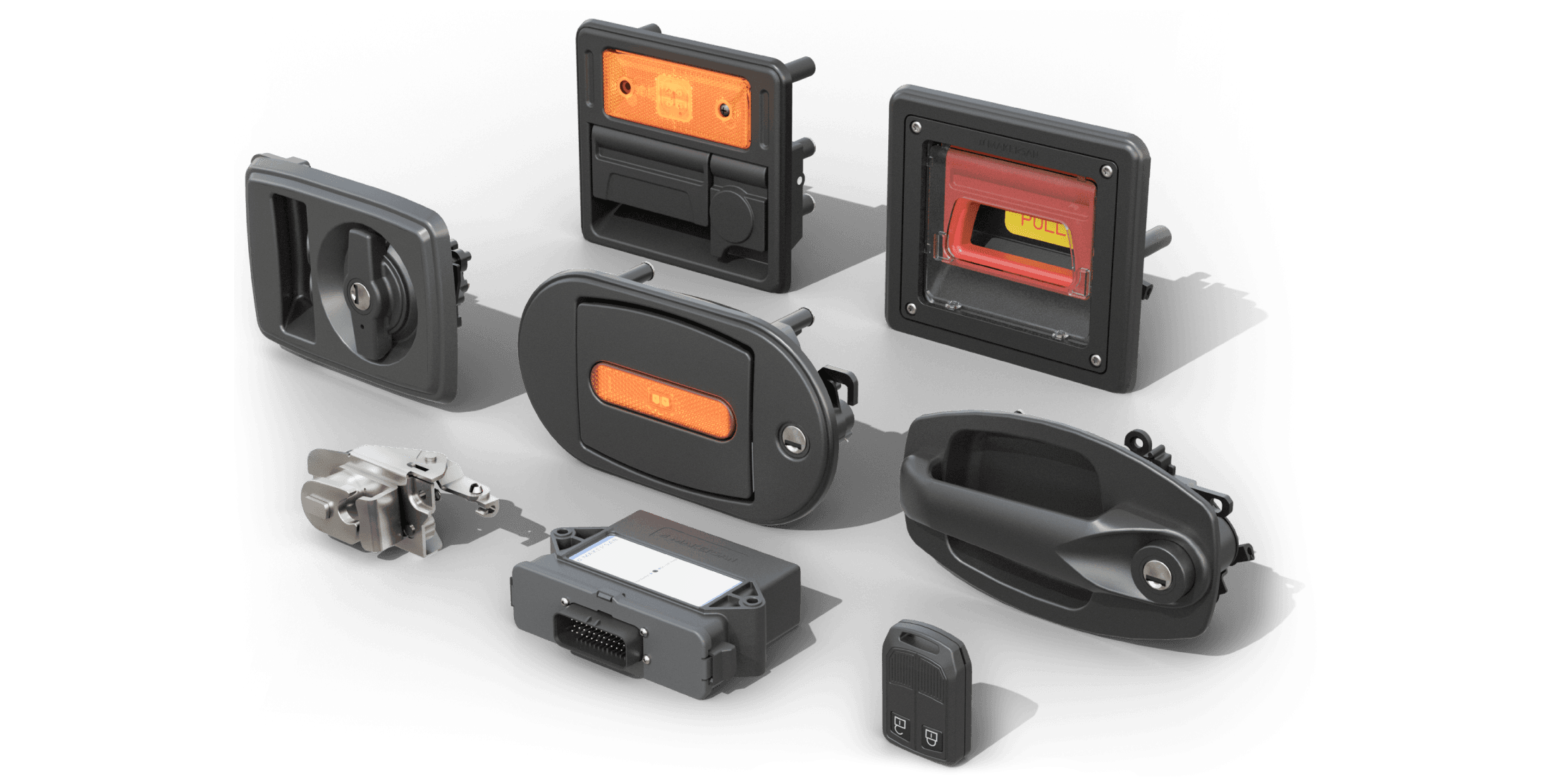 Lineup of Makersan door access hardware: exterior and flush-mount handles, an oval luggage-flap handle with an LED side marker, a barrel-and-key set, a latch striker, a central-lock control unit, a cylinder lock and a micro-switch.