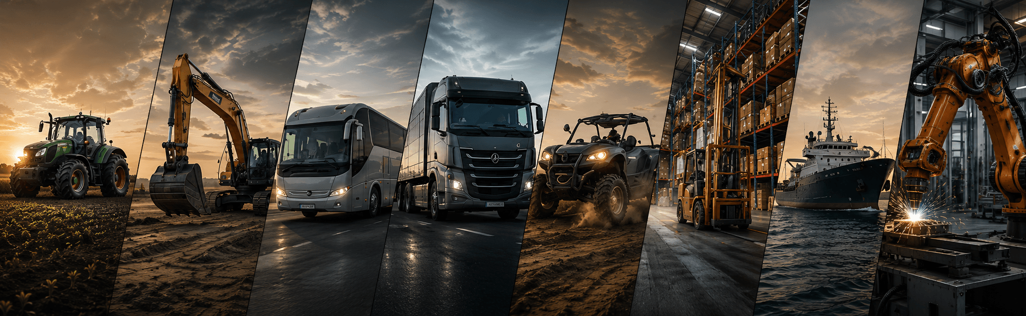 Collage aus Makersan-Feldanwendungen: Traktor, Bagger, Reisebus, Lkw, UTV, Gabelstapler, Schiff und Industrieroboter