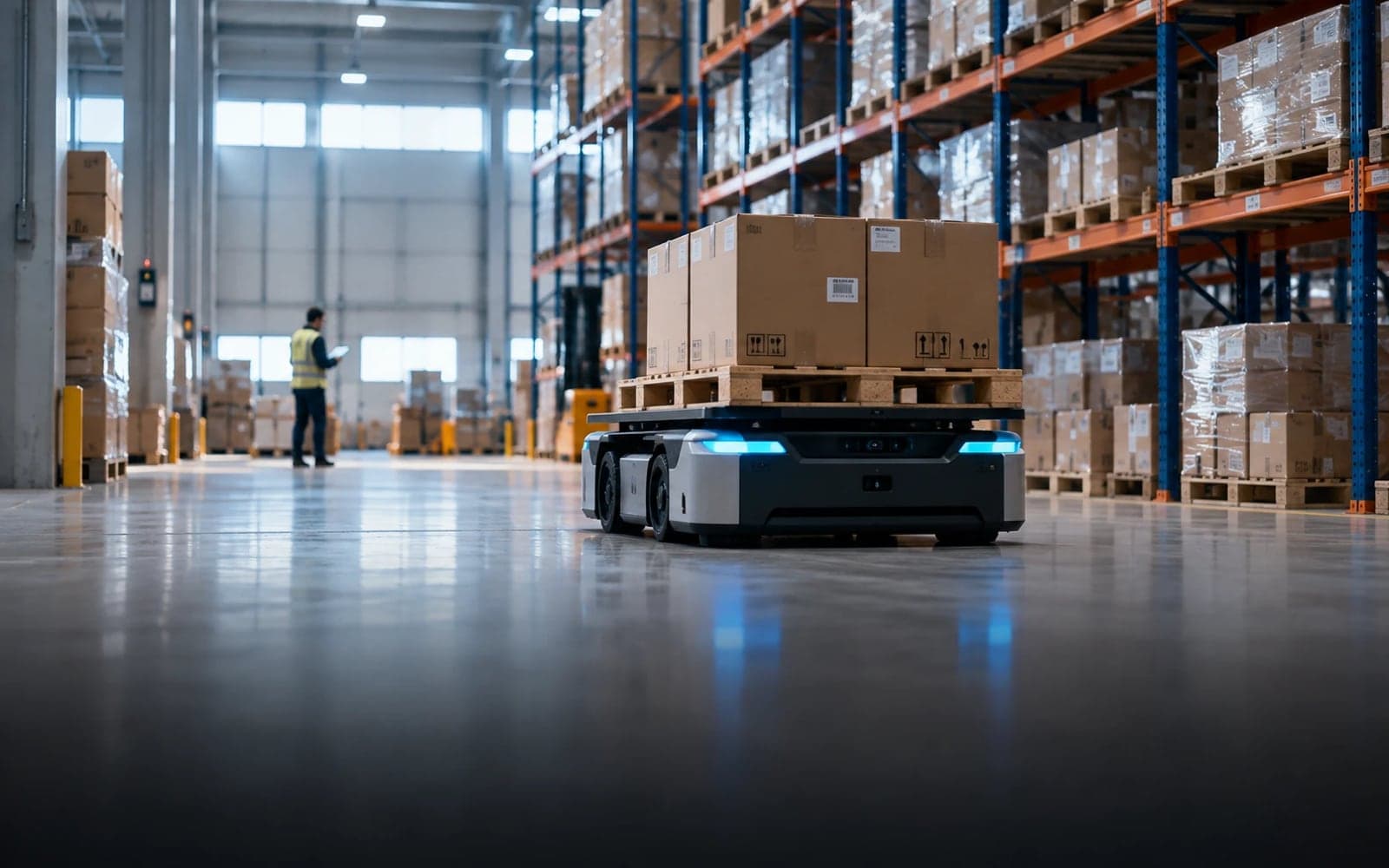 Depo koridorunda palet taşıyan otonom mobil robot.