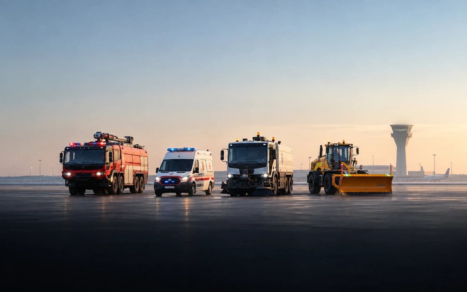 Havalimanı apronunda sıralanmış itfaiye aracı, ambulans, süpürge aracı ve kar küreme aracı.