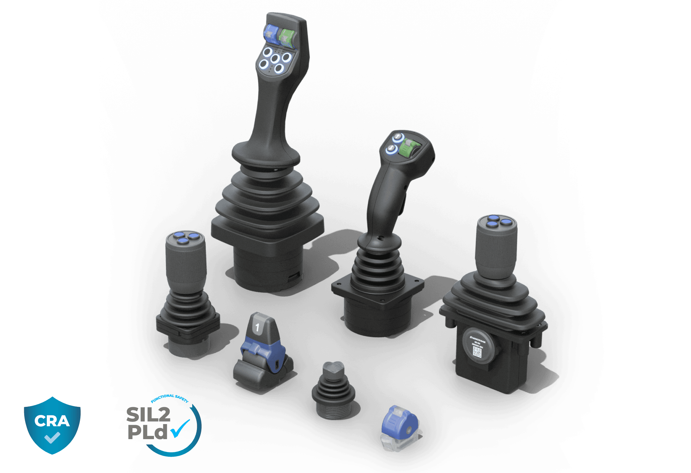 Lineup of Makersan joysticks in different sizes: mini and micro thumb joysticks, compact grip joysticks, a full-size multi-axis grip joystick with a button keypad, and a modular joystick base.