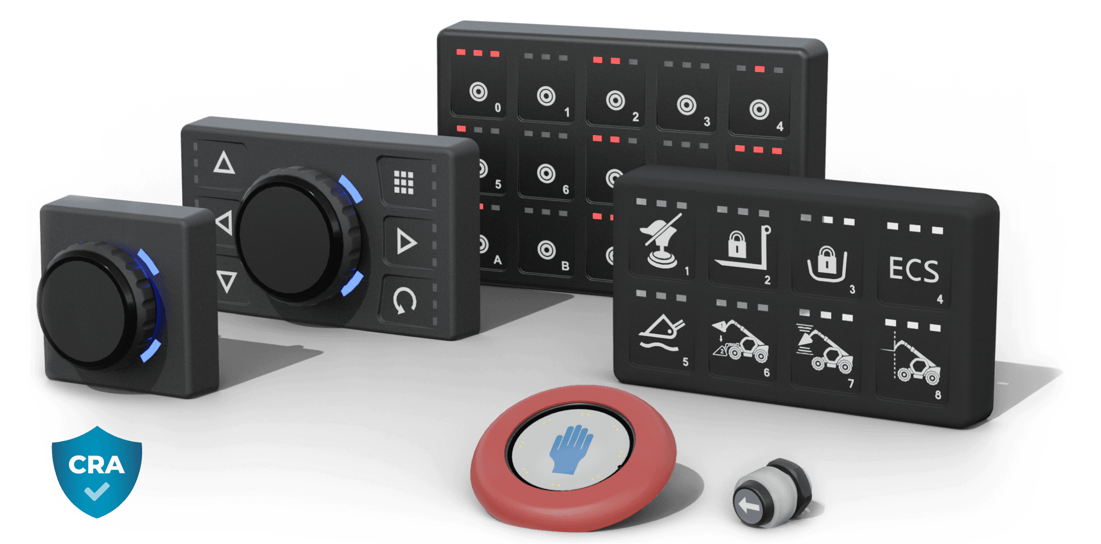 Lineup of Makersan keypads and buttons: a sealed multi-key CAN keypad, a round illuminated touch button with a hand symbol, and a compact push button with an arrow legend.