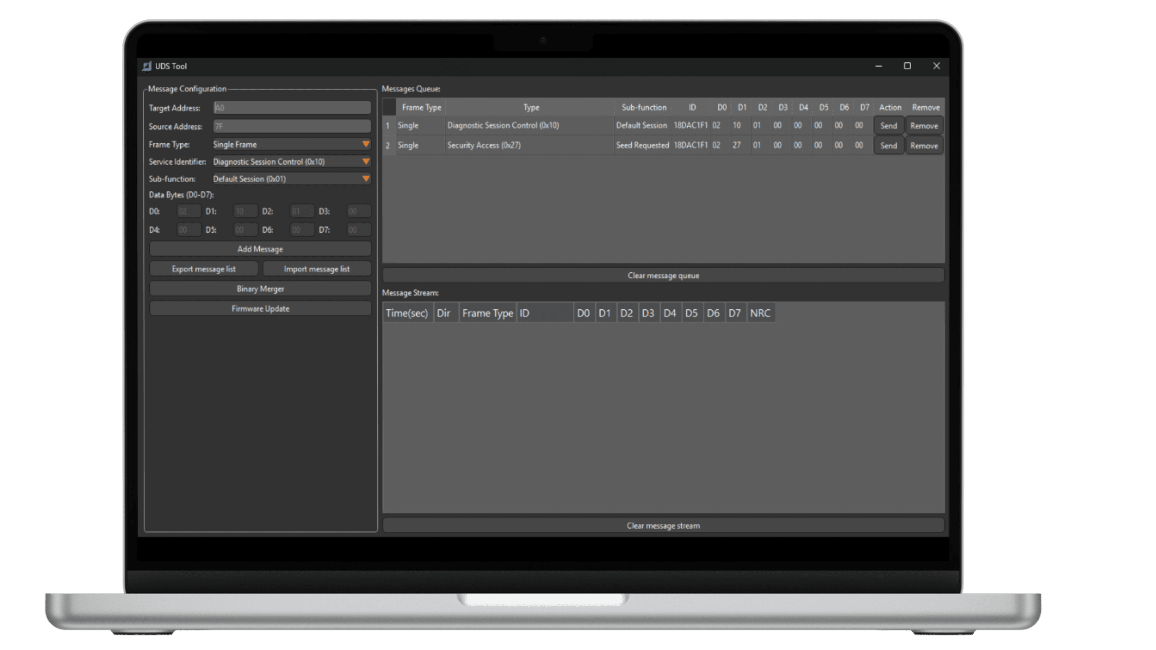 Makcon UDS tool — a diagnostic message queue with session control and security access, ready to send.