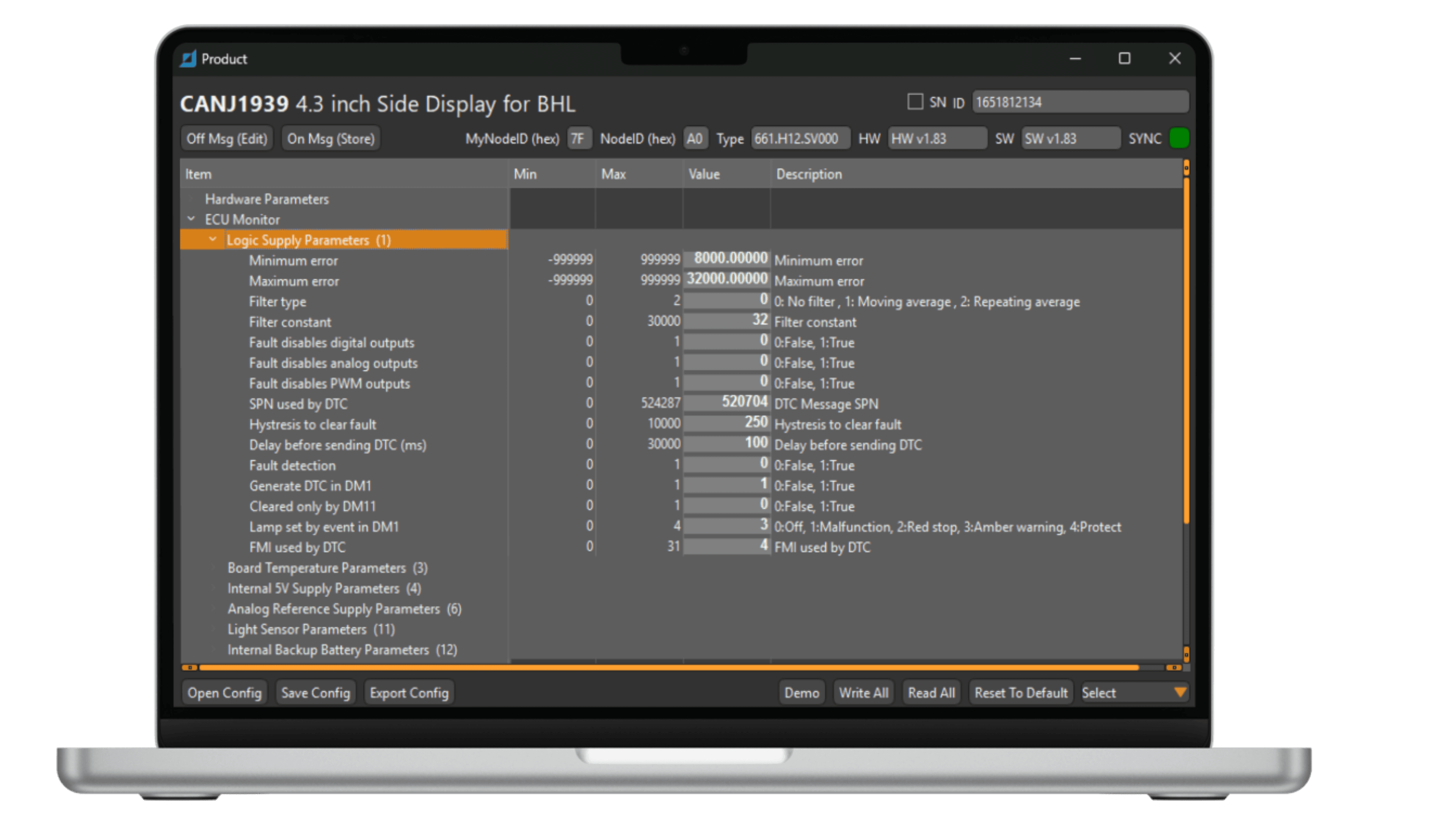 Makcon product configuration — the parameter tree of a connected display with min, max and live values.
