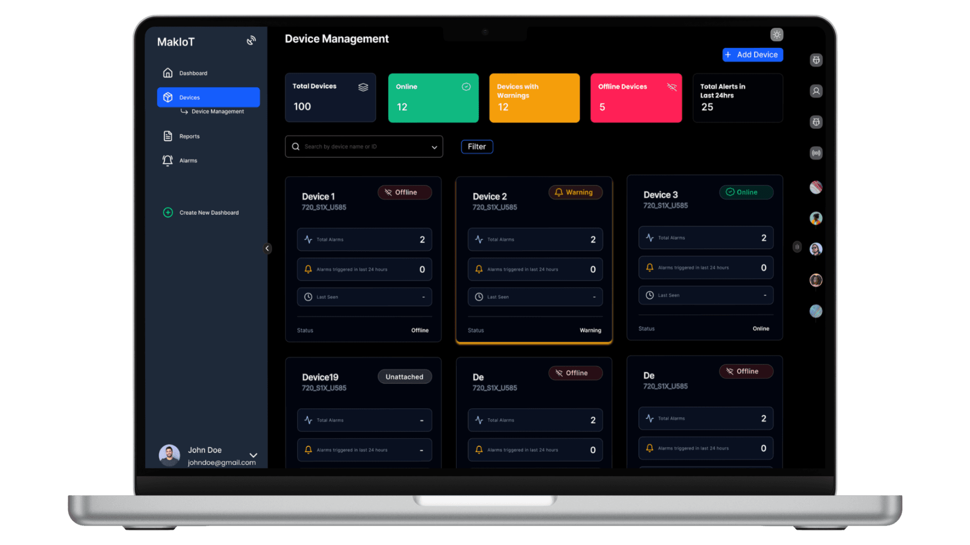 MakIOT web console showing device management — the fleet listed with online, warning and offline states.